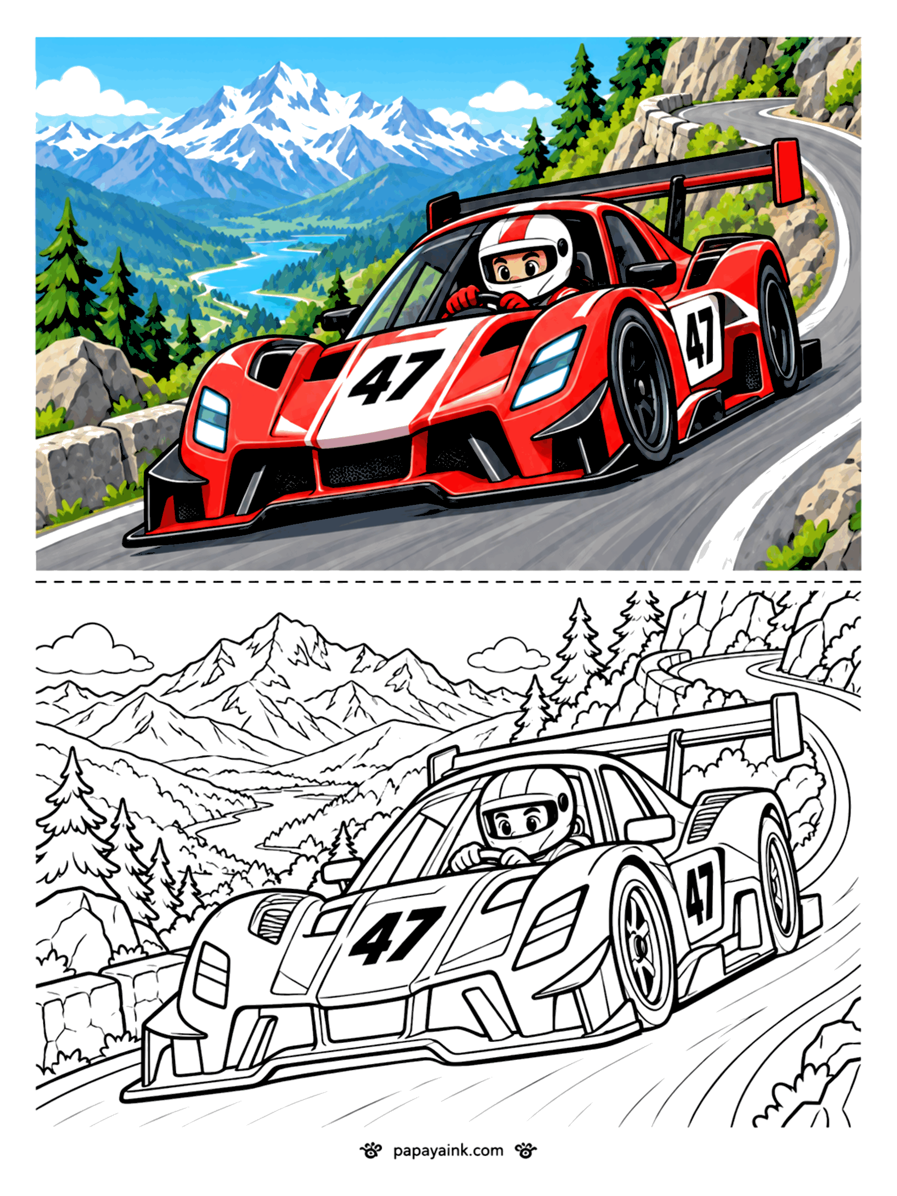 Race Car Coloring Pages - A red race car with a big rear wing carving through a winding mountain road above a lake. Detailed