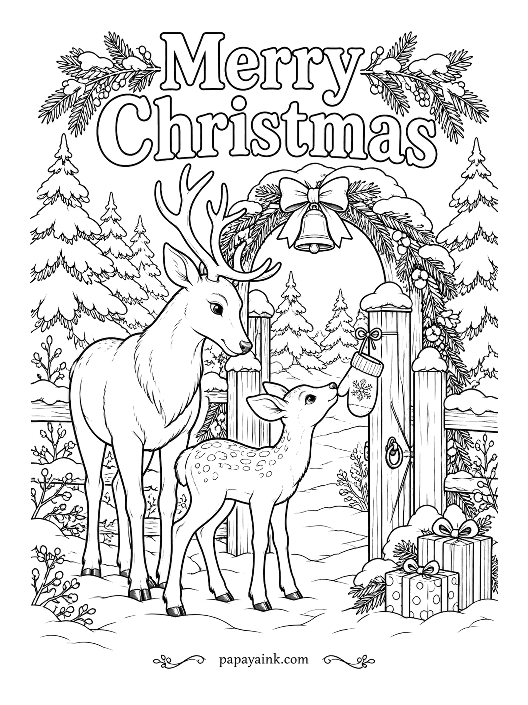 Merry Christmas Coloring Pages - Somebody hung a mitten on the gatepost, and the calf has to investigate. Its parent waits under an arch of fir with a bell on top. Detailed - reindeer coats run gray-brown with a paler neck and chest.