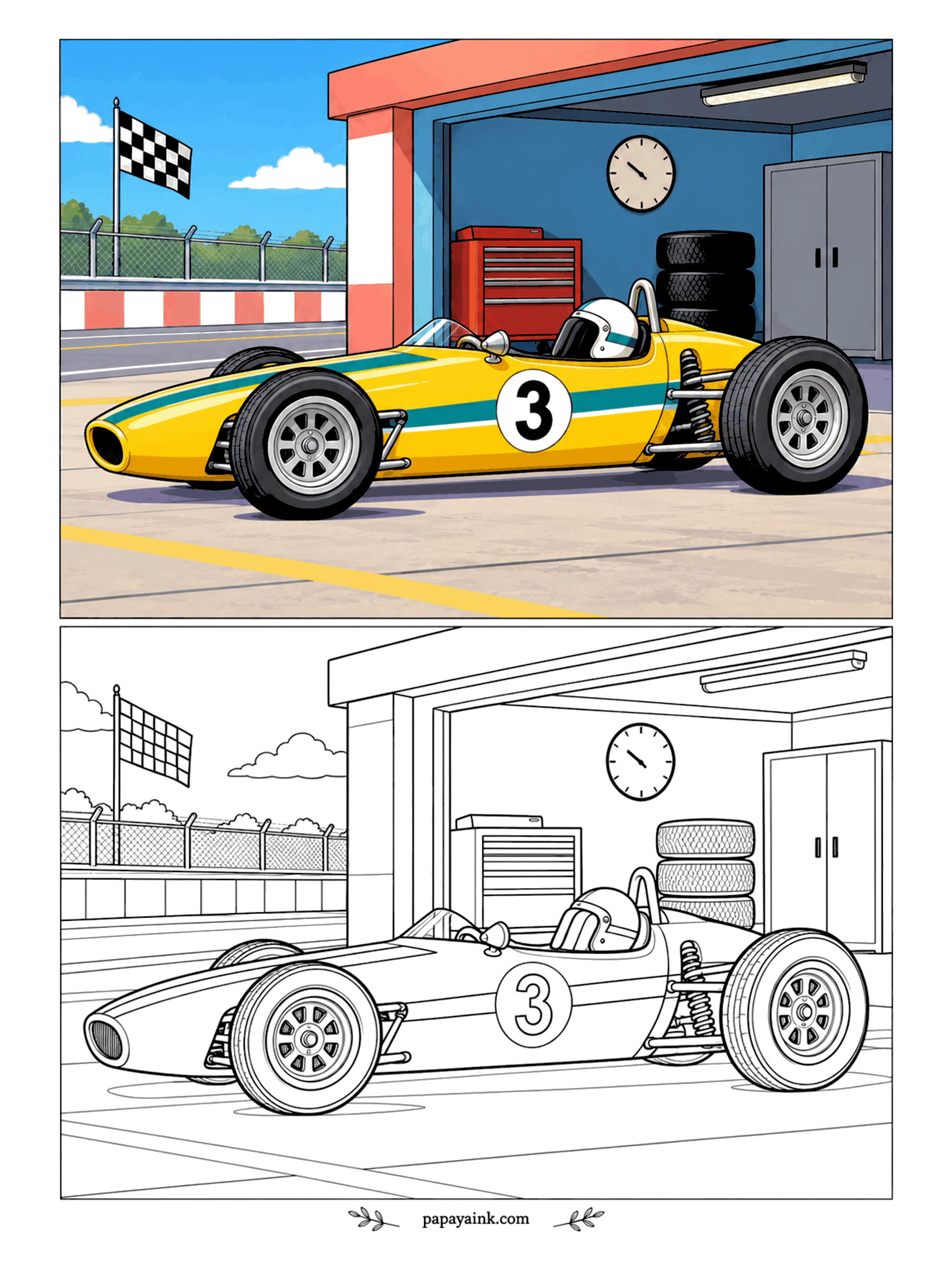 Race Car Coloring Pages - Back when race cars looked like cigars. Yellow nose, open wheels, exposed suspension - the retro formula car waits outside the pit garage while the wall clock ticks toward the start. Simple background, so the car carries the page.