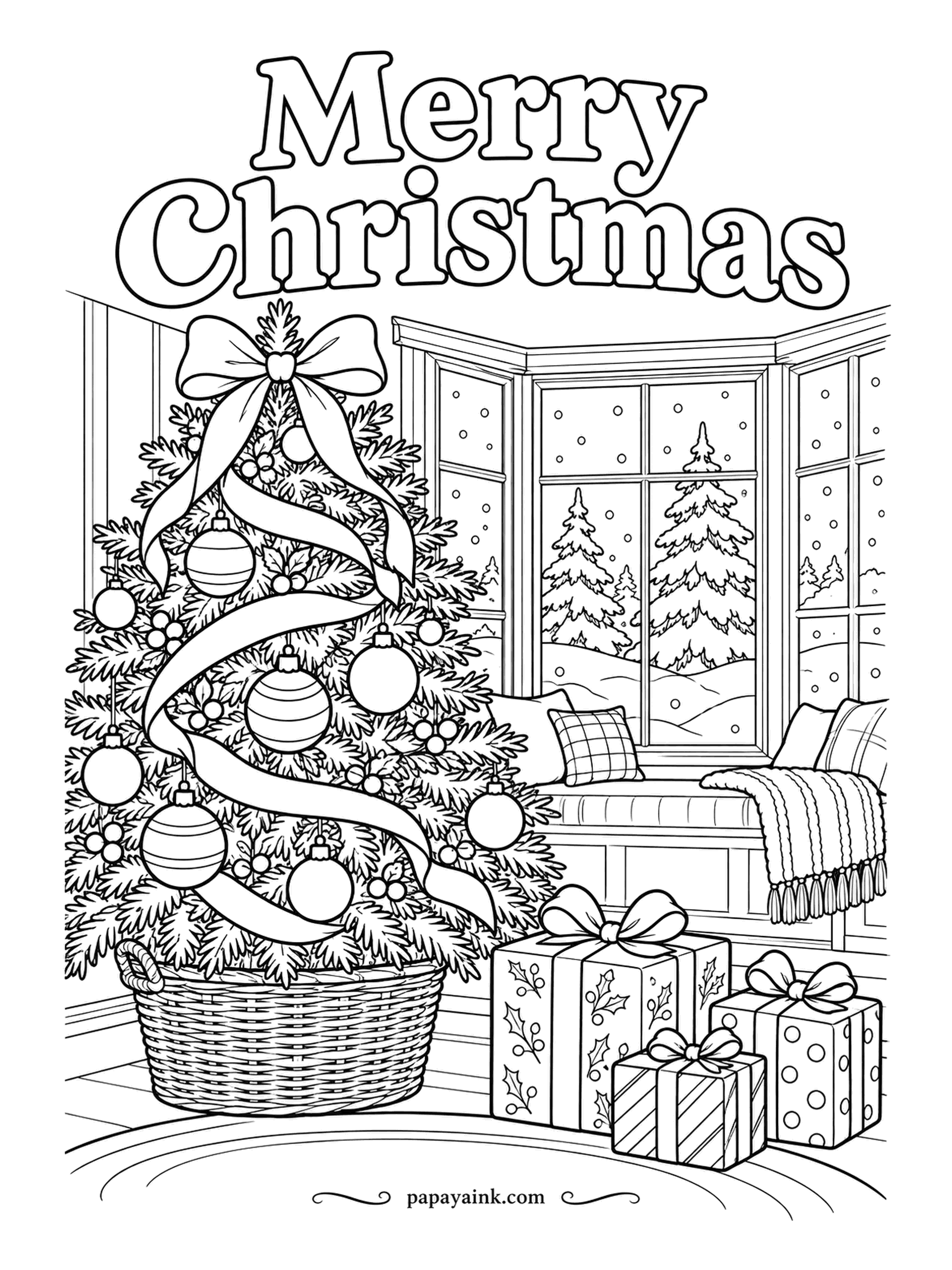 Merry Christmas Coloring Pages - From a bow at the top, a wide ribbon spirals down the tree, which stands in a wicker basket instead of a stand. The window seat beyond has a cushion and a throw. Detailed - weave the basket in two tans.