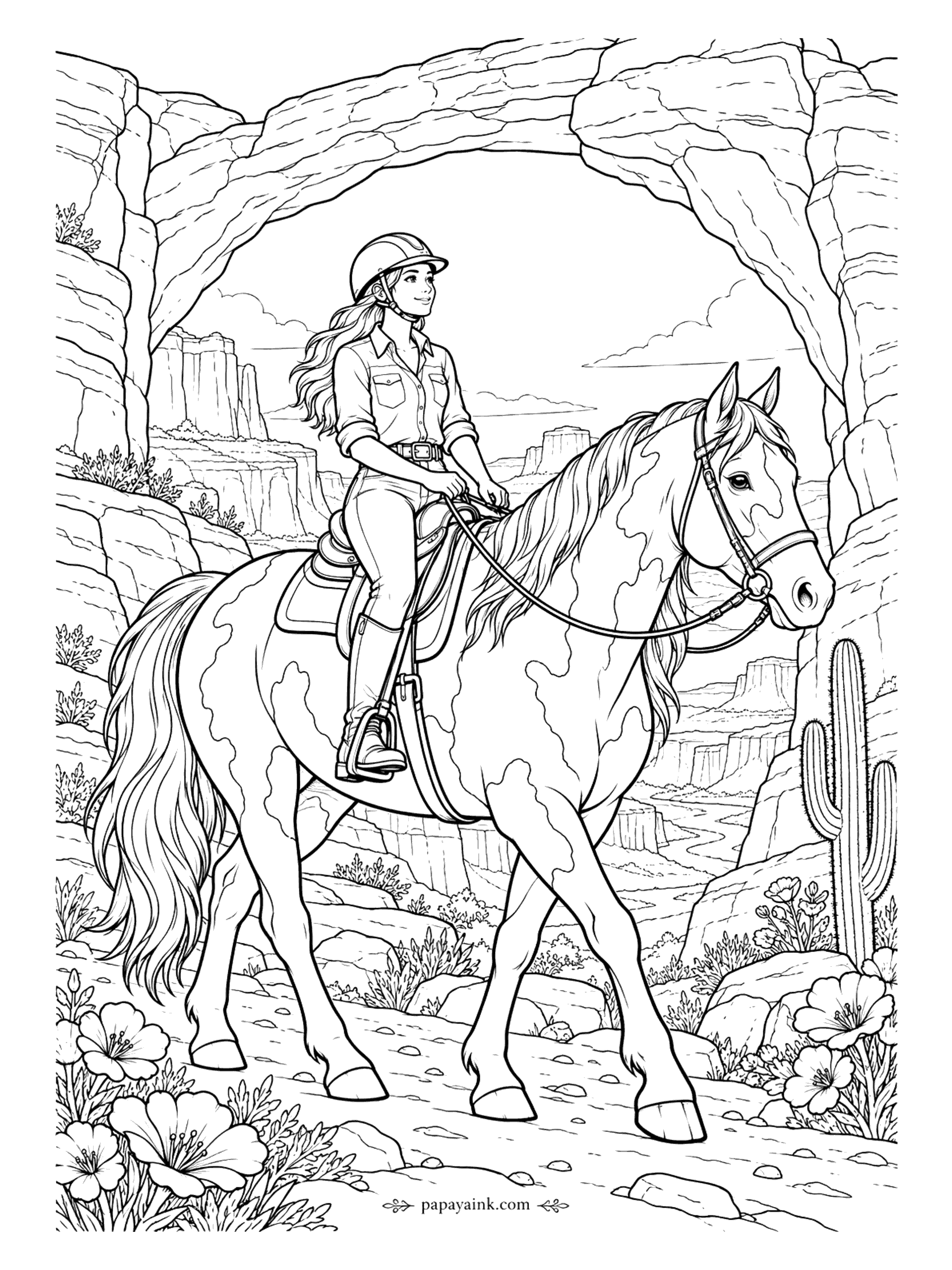 Horse Coloring Pages - Framed by a natural sandstone arch, a rider on a paint horse looks out over canyon walls and a winding river, prickly pear in bloom at the hooves. The horse's patches are drawn as outlines - fill the dark ones and leave the rest. Detailed.