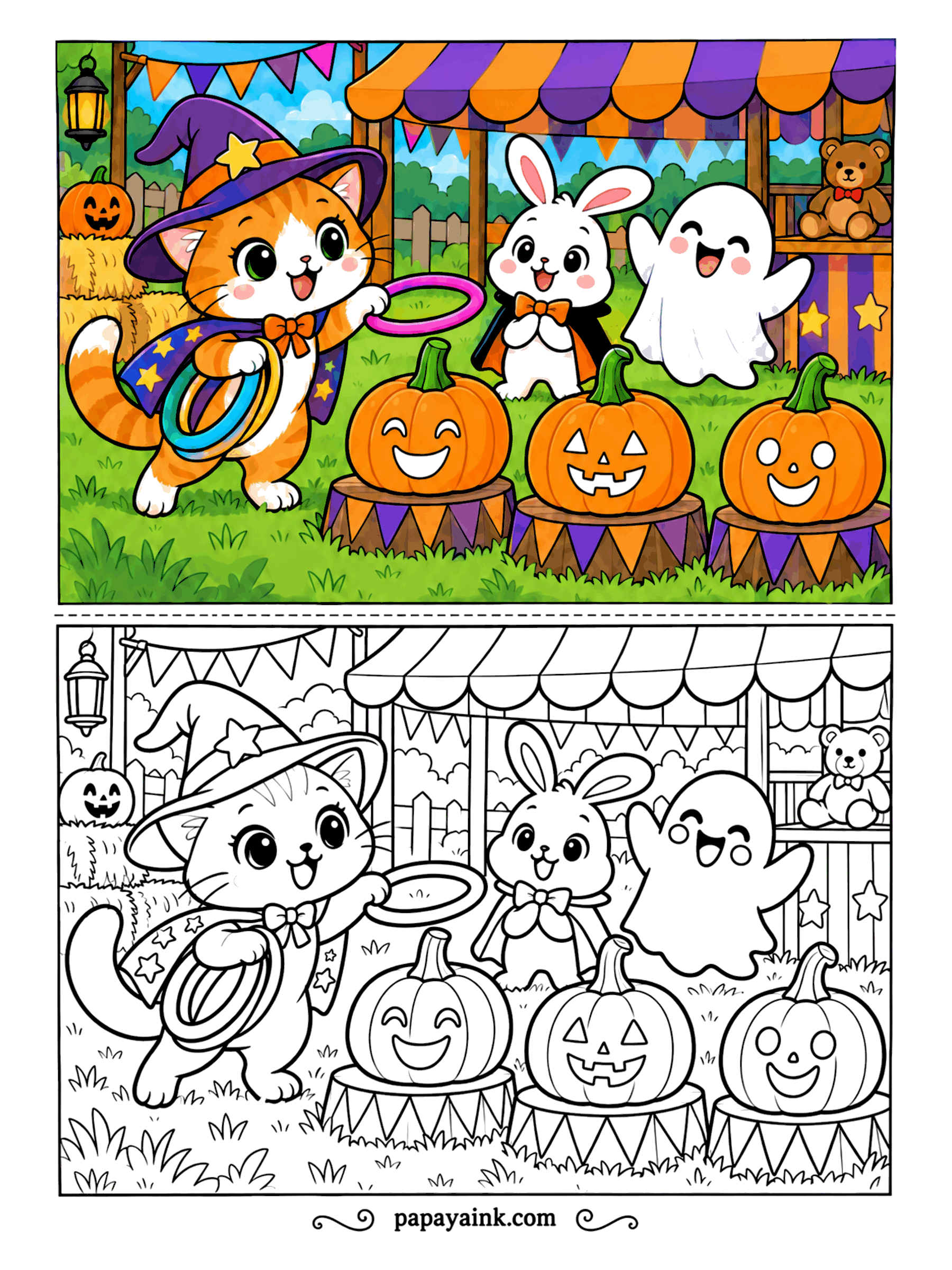Halloween Cat Coloring Pages - Three grinning pumpkins on striped stands, one pink ring in the air, and a very confident witch cat. A bunny in a vampire cape and a ghost cheer her on, and a teddy bear waits on the prize shelf. Simple shapes, easy for younger hands.