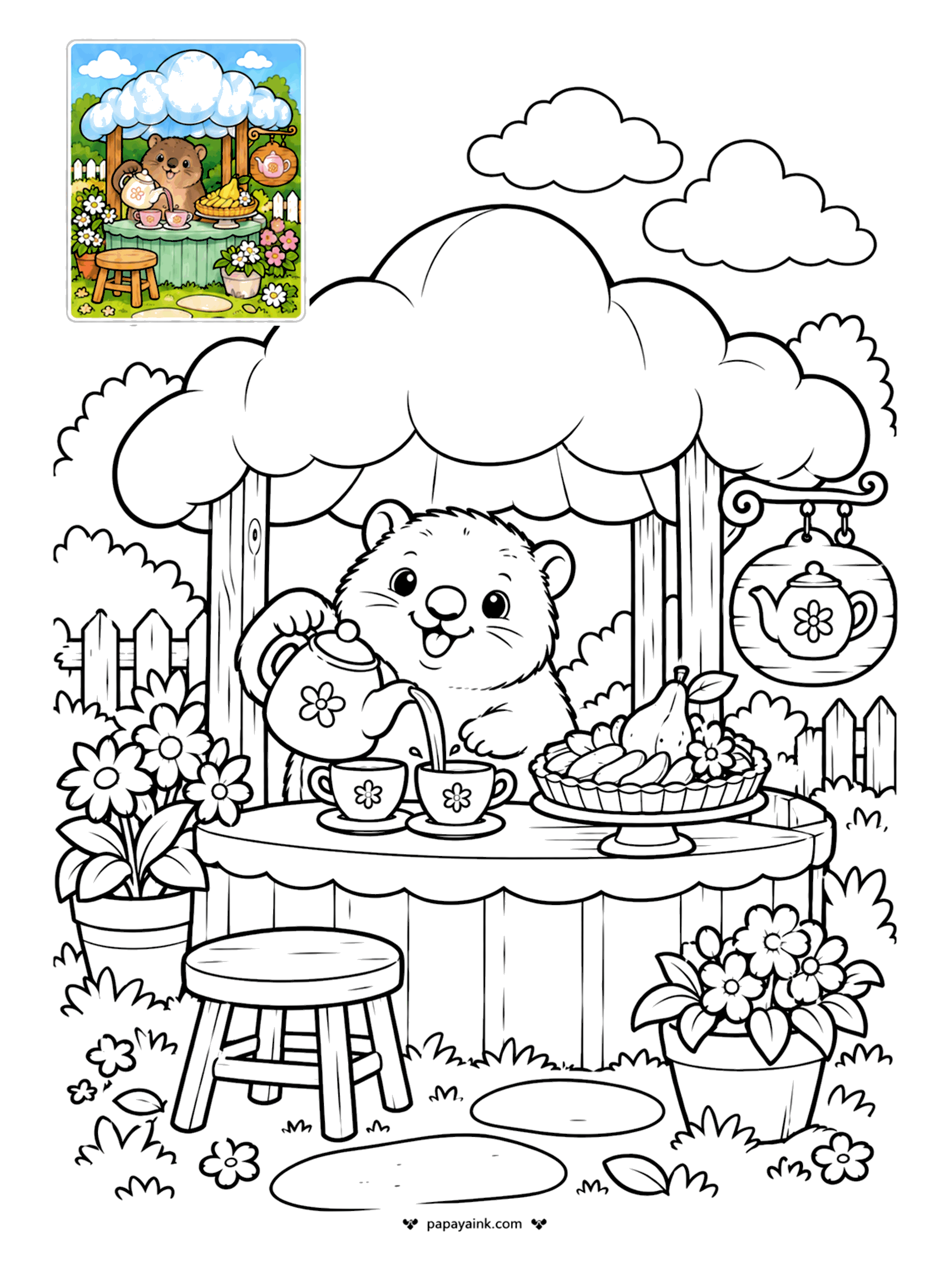 Color Guide Coloring Pages - Hard to believe, but elephants are among the rock hyrax's closest living relatives. Here it runs a tea cafe under a cloud-shaped canopy, pouring tea next to a fruit tart. Soft browns, a flowery teapot and a sky-blue cloud roof.