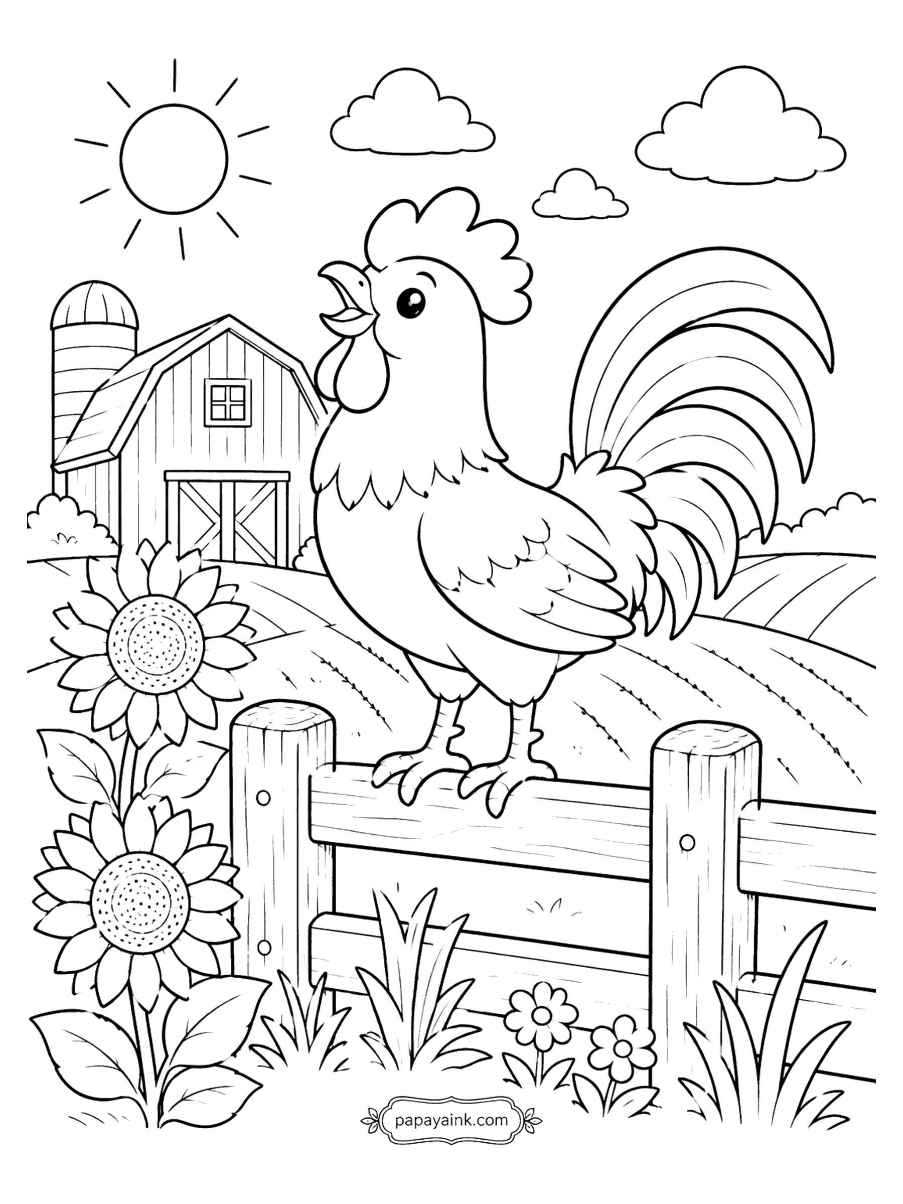 Bird Coloring Pages - Rooster Crowing on a Farm Fence