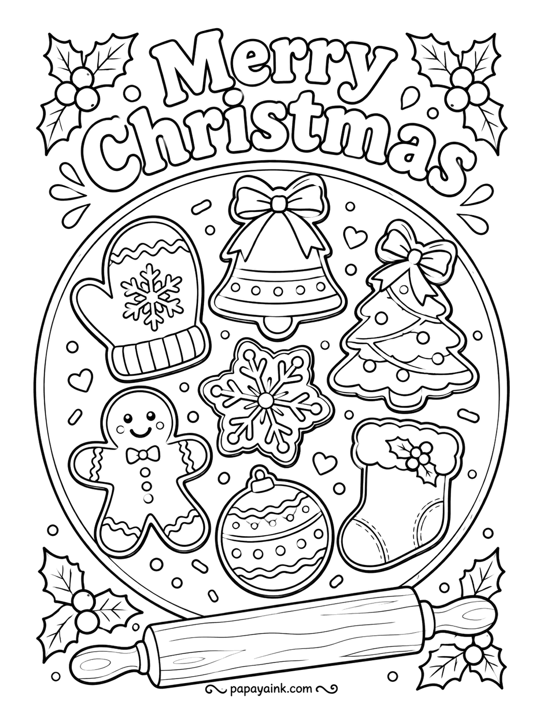 Merry Christmas Coloring Pages - One of each from the cookie cutter drawer: mitten, bell, tree, snowflake, stocking, bauble and a gingerbread man in a bow tie. Big simple shapes. Pastel icing over warm biscuit brown does the job.