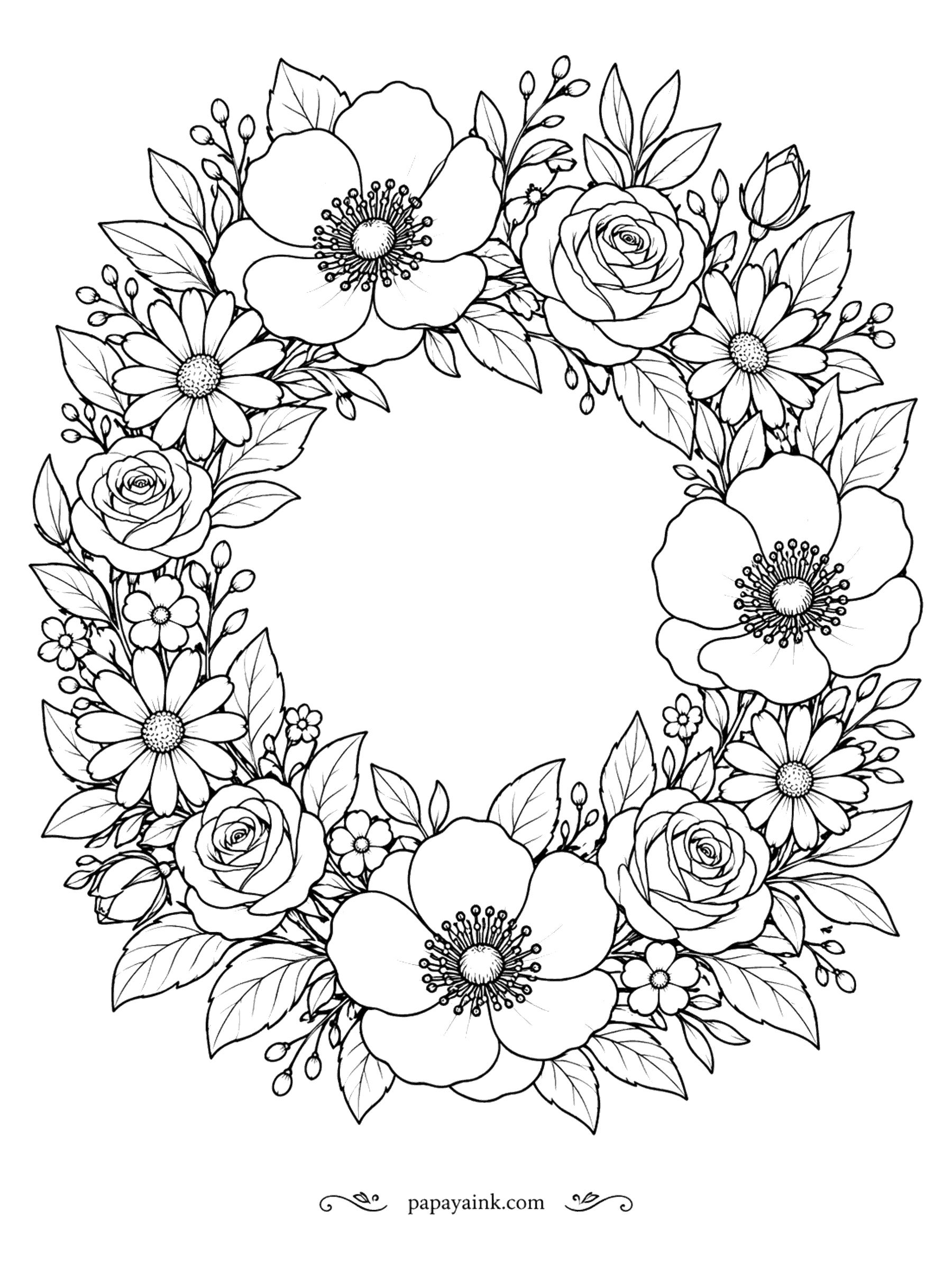 Flower Coloring Pages - Anemones, roses and daisies circle into a wreath, little filler blooms tucked between and the middle left open. The anemones' dark button centers look best near-black, so the white or red petals glow.