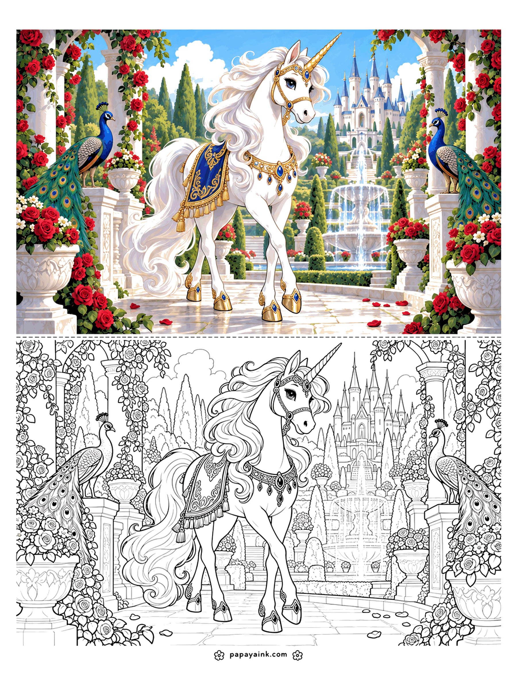 Unicorn Coloring Pages - Royal Unicorn Coloring Page with Color Sample: a white unicorn in a jeweled bridle and blue saddle cloth walks a marble path between two peacocks, climbing roses, a fountain and a castle. Detailed.