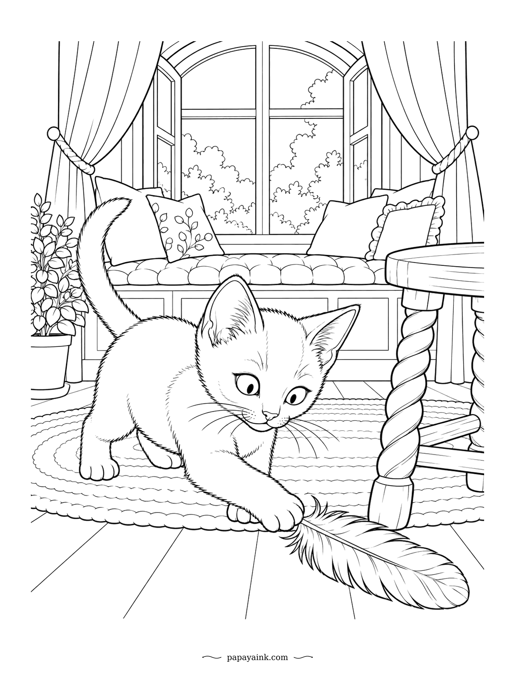 Kitten Coloring Pages - Chasing a feather across the floor of a window nook, cushions and a potted plant beyond. Russian Blue kittens are born with faint stripes that fade into the solid silver-grey coat as they grow. Twisted table leg and a braided rug add easy texture.