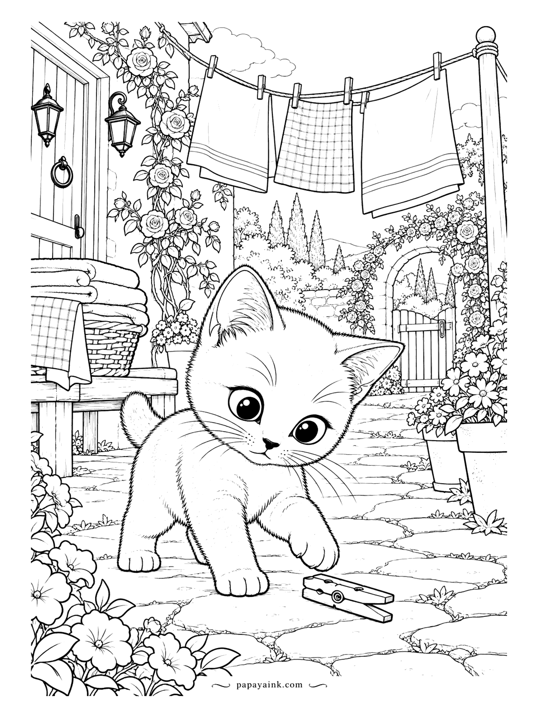 Kitten Coloring Pages - Laundry day in a stone courtyard, and the Russian Blue kitten has found a dropped clothespin, which beats any toy. Towels on the line, roses on the wall, lanterns by the door and a gate beyond. Soft gray kitten, warm stone - a quiet, pretty page.