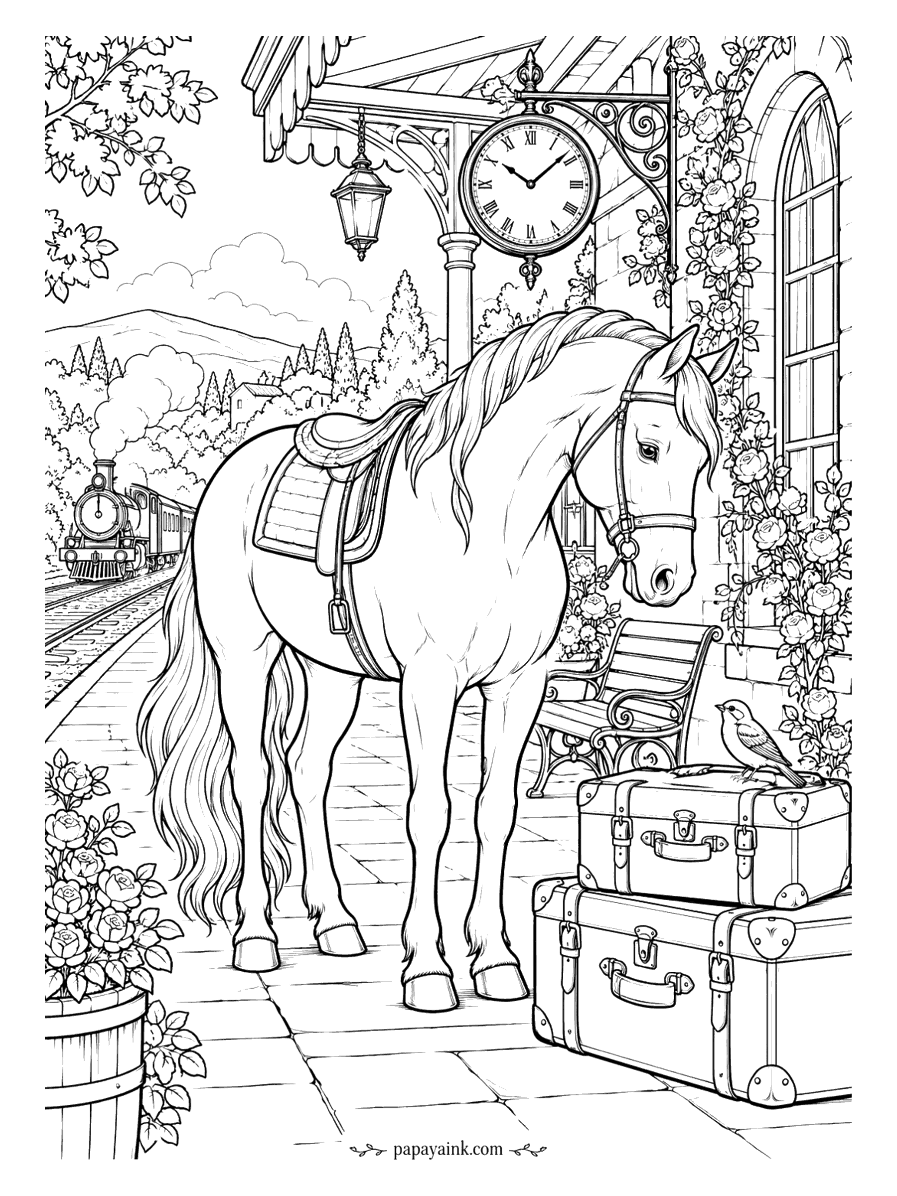 Horse Coloring Pages - Somebody is late for the train. A saddled horse waits on the platform under the station clock while a steam engine pulls in, two leather trunks stacked beside a bench and a small bird perched on top. Climbing roses and a lantern - Detailed.