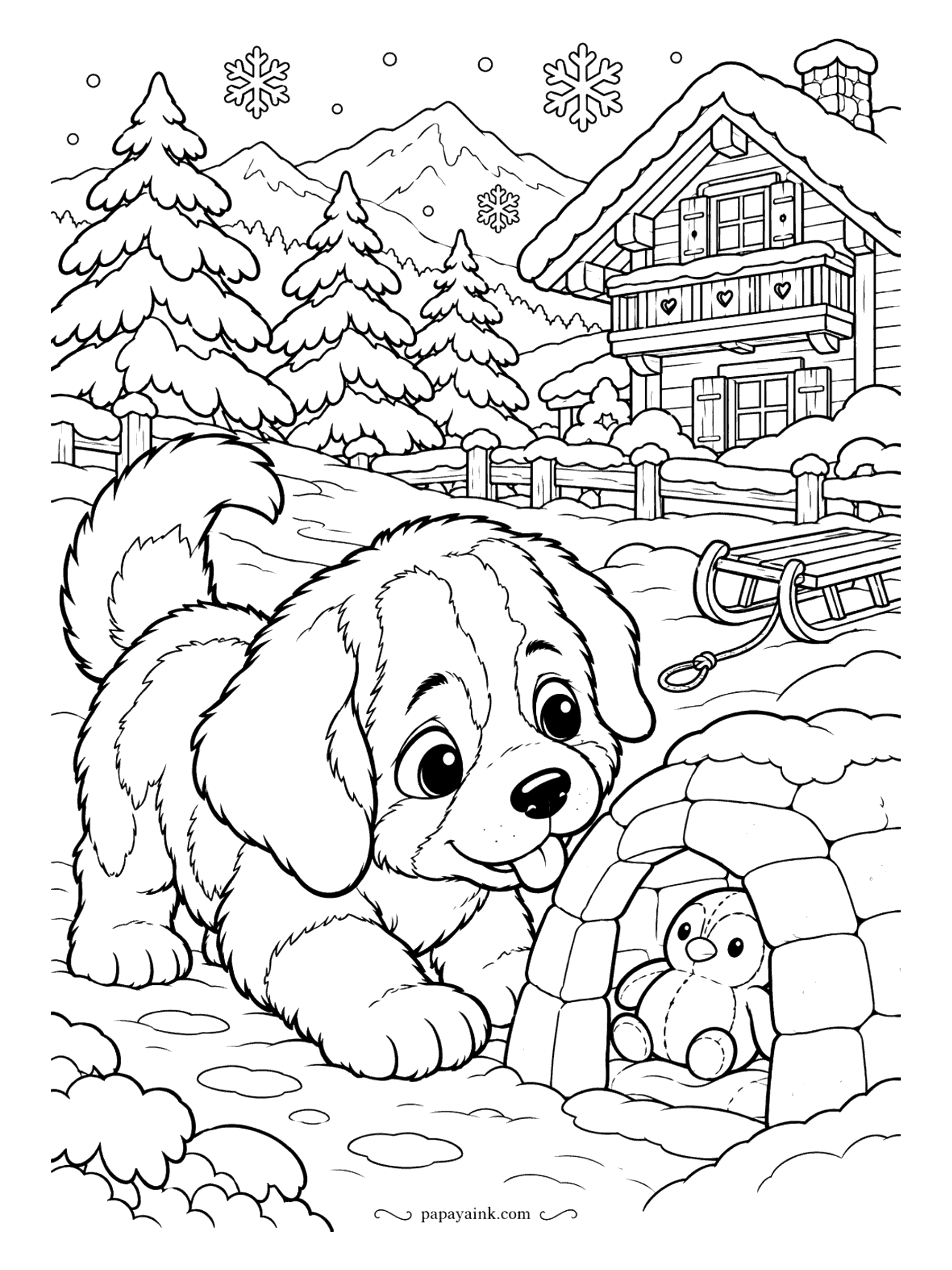 Puppy Coloring Pages - Rescue dog in training. A Saint Bernard puppy peers into a snow igloo where a toy penguin has settled in, with a sled, a snowy chalet and firs behind. Mostly white already - color the puppy, the sky and the windows and you are done.