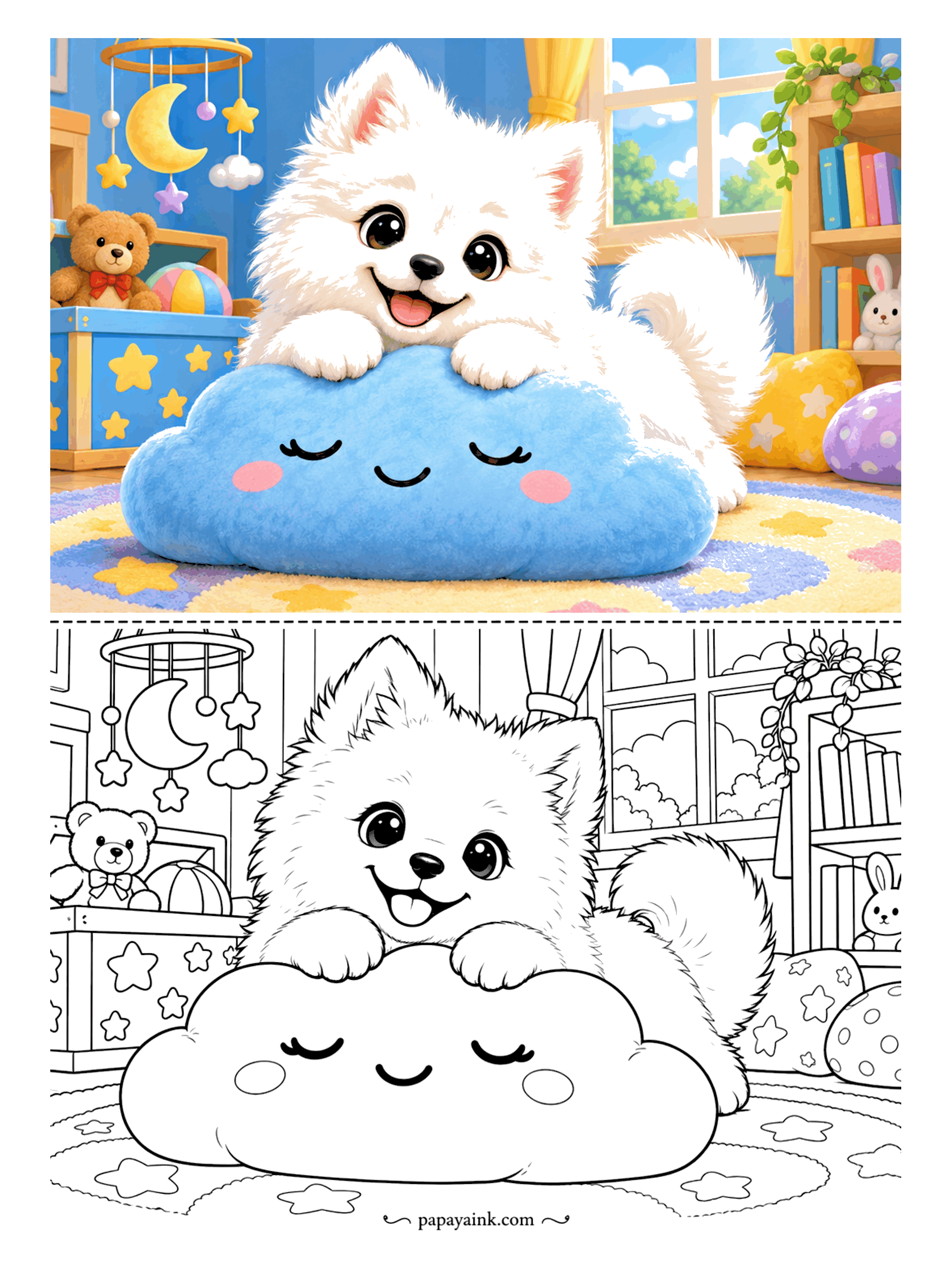 Puppy Coloring Pages - Naptime in the nursery, except nobody is asleep. A Samoyed puppy flops across a smiling cloud pillow under a moon-and-stars mobile. Big simple shapes and plenty of white fur - an easy page for younger hands.