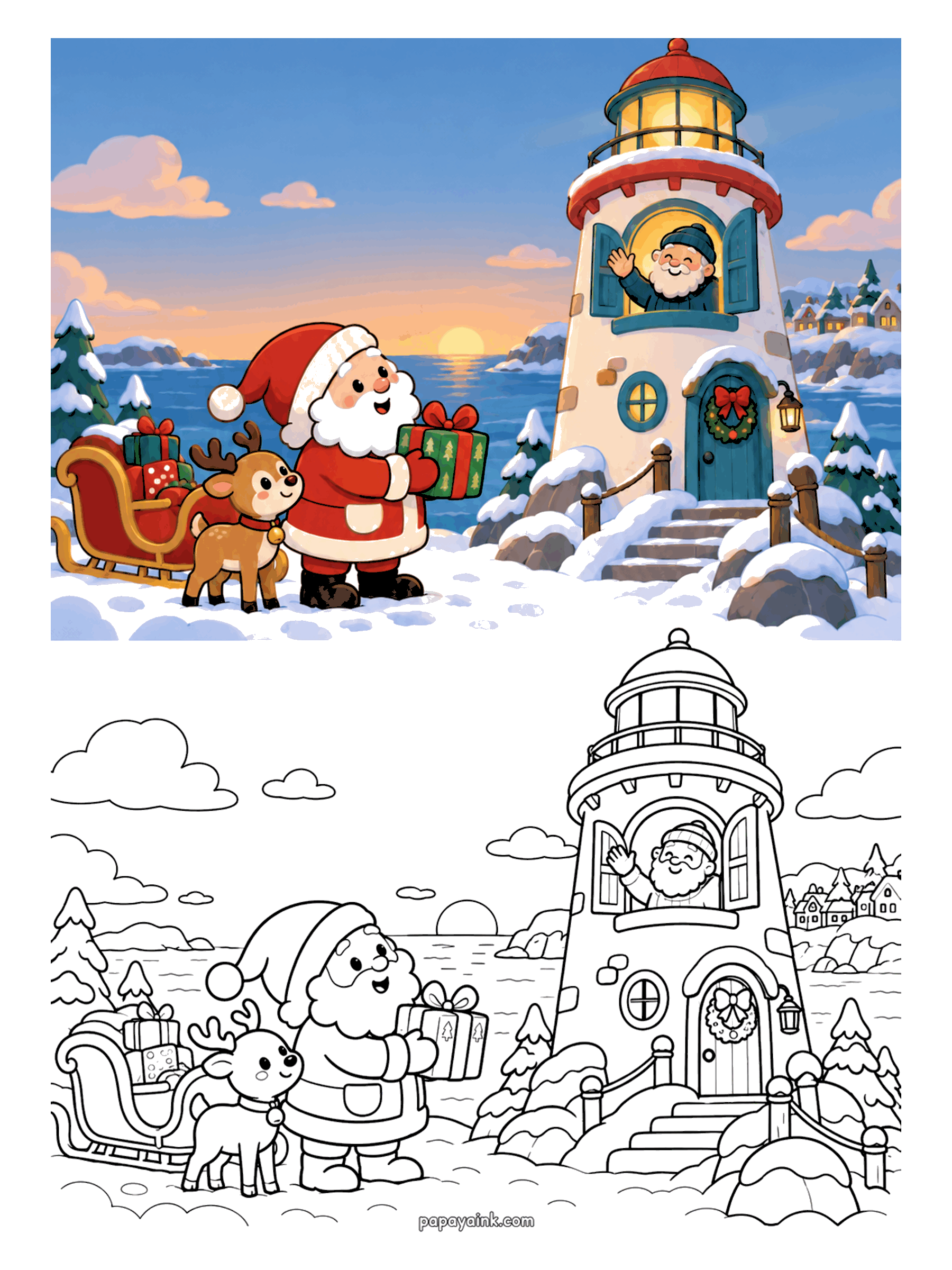 Santa Coloring Pages - Santa and a baby reindeer delivering a present to a waving keeper at a seaside lighthouse (Detailed)