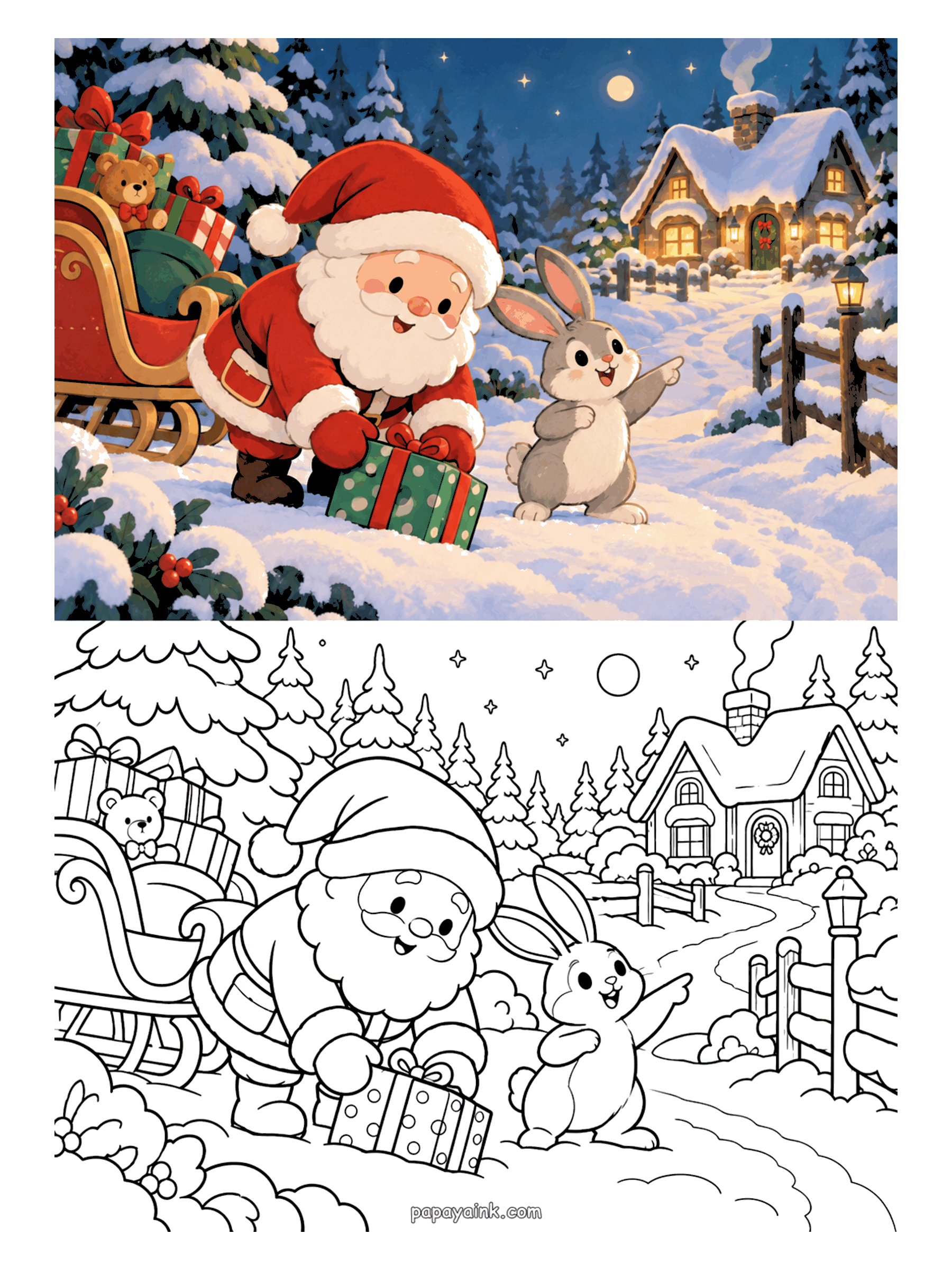 Santa Coloring Pages - Santa unloading a polka dot present by his sleigh while a bunny points to a snowy cottage