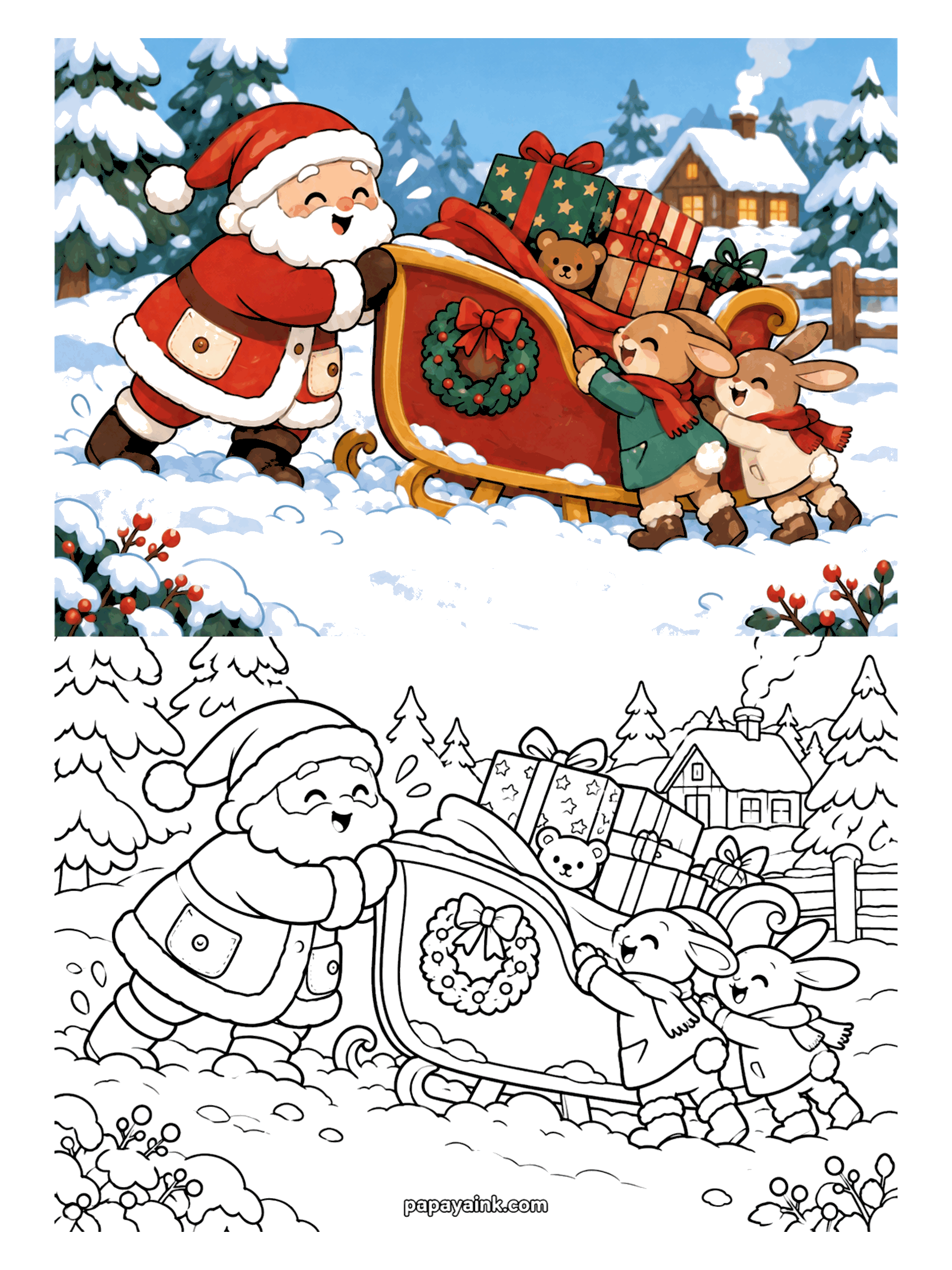Santa Coloring Pages - Santa and two bunnies in scarves pushing a sleigh piled high with gifts and a teddy bear