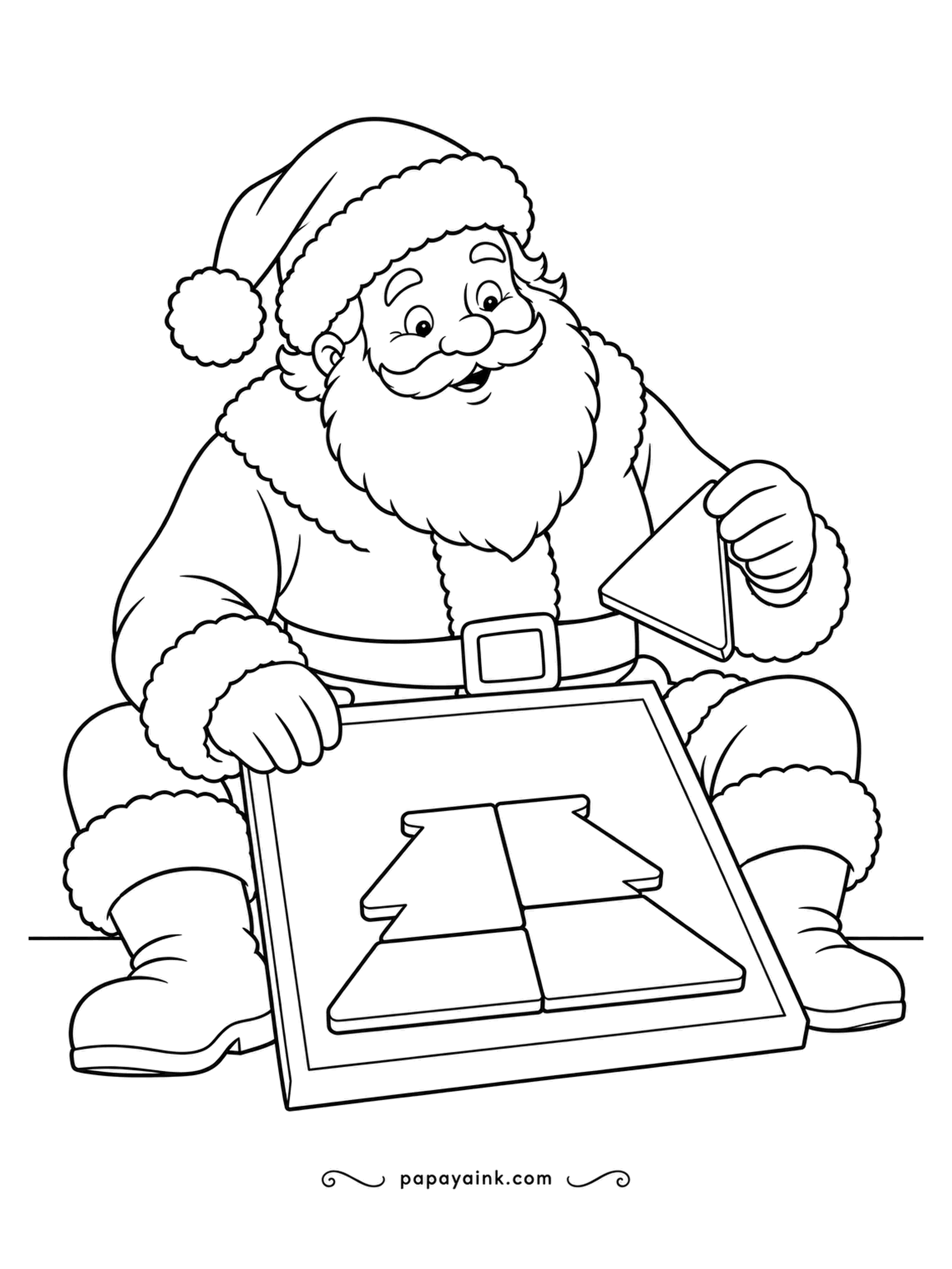 Santa Coloring Pages - A handful of wooden pieces make a Christmas tree, and Santa has the last one in his hand, studying which way it goes. Big plain shapes and thick lines - perfect for little hands.