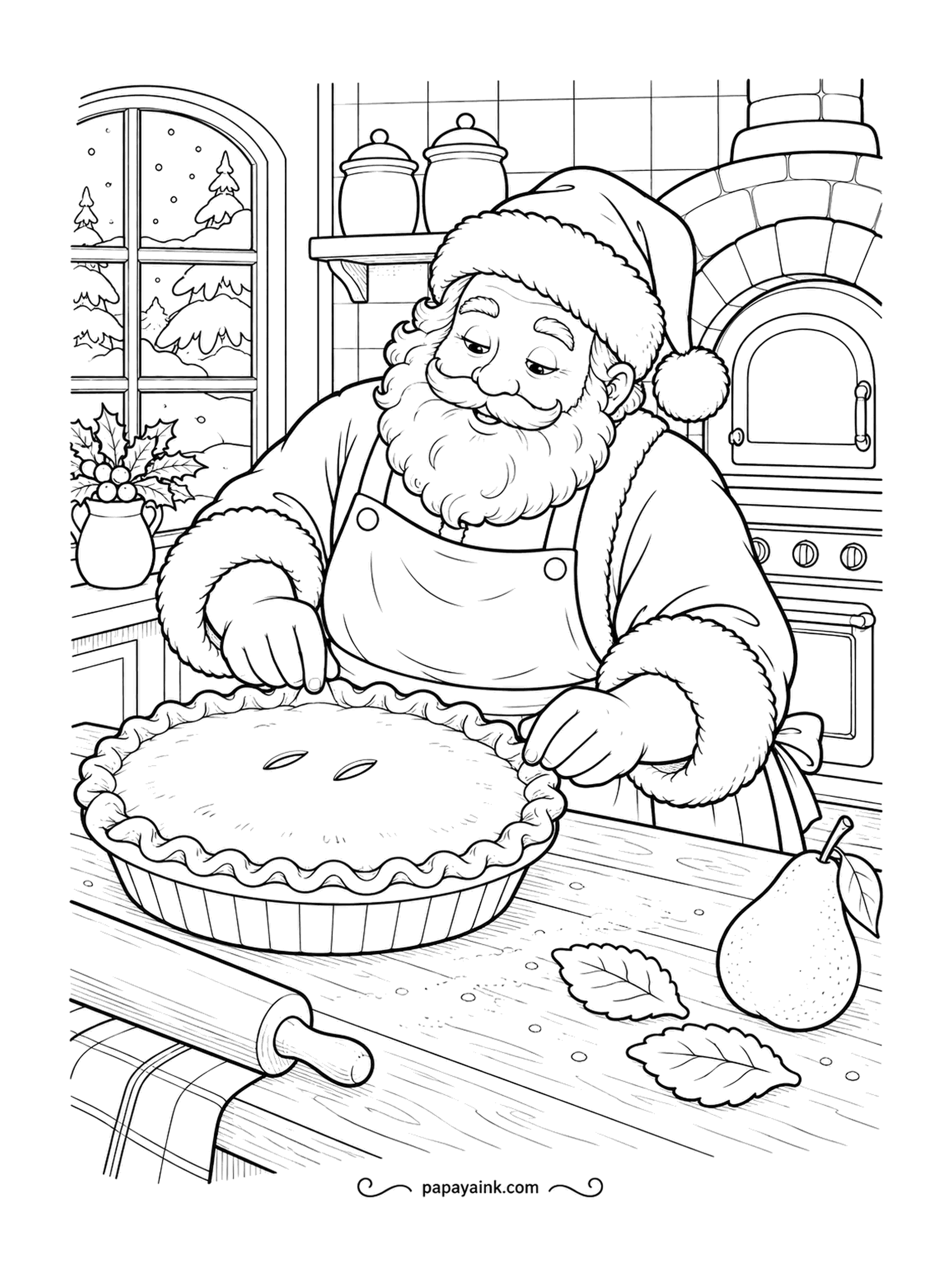 Santa Coloring Pages - Apron on, sleeves pushed back, Santa crimps the edge of a pear pie with his fingers. Leftover pastry leaves wait on the board for decorating the top. Detailed - brick oven, jars and a frosty window.
