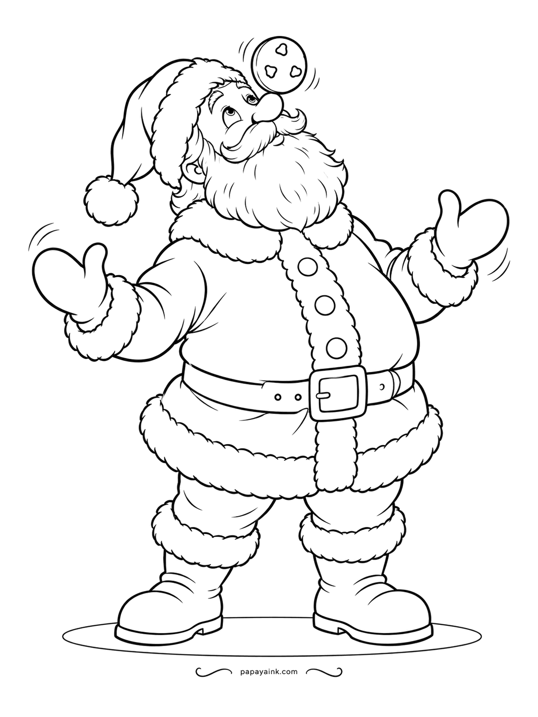 Santa Coloring Pages - Arms out, eyes crossed, one cookie perched on the tip of his nose. It is unclear how long this will last. A cheerful single figure with very little background.