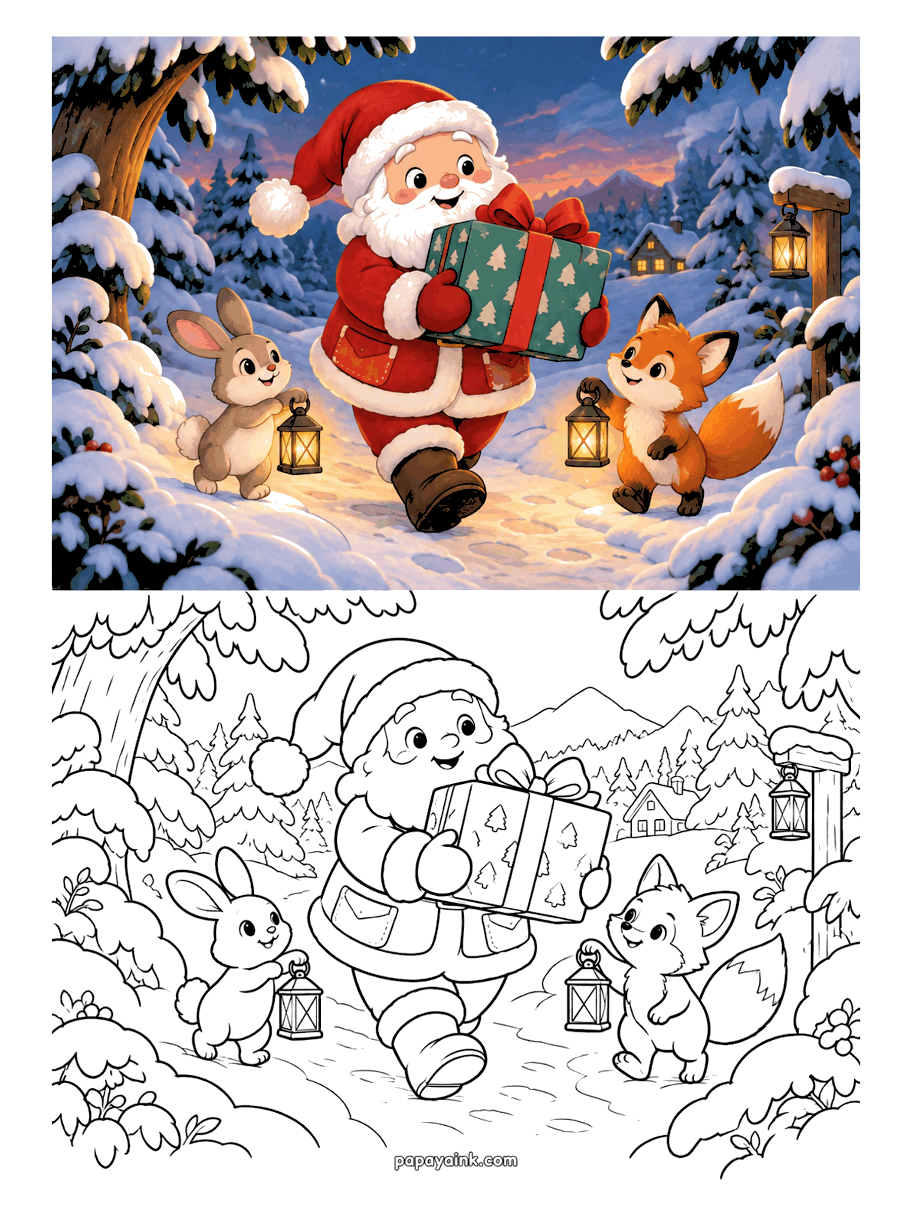 Santa Coloring Pages - Santa carrying a big present down a snowy forest path while a bunny and a fox light the way with lanterns (Detailed)