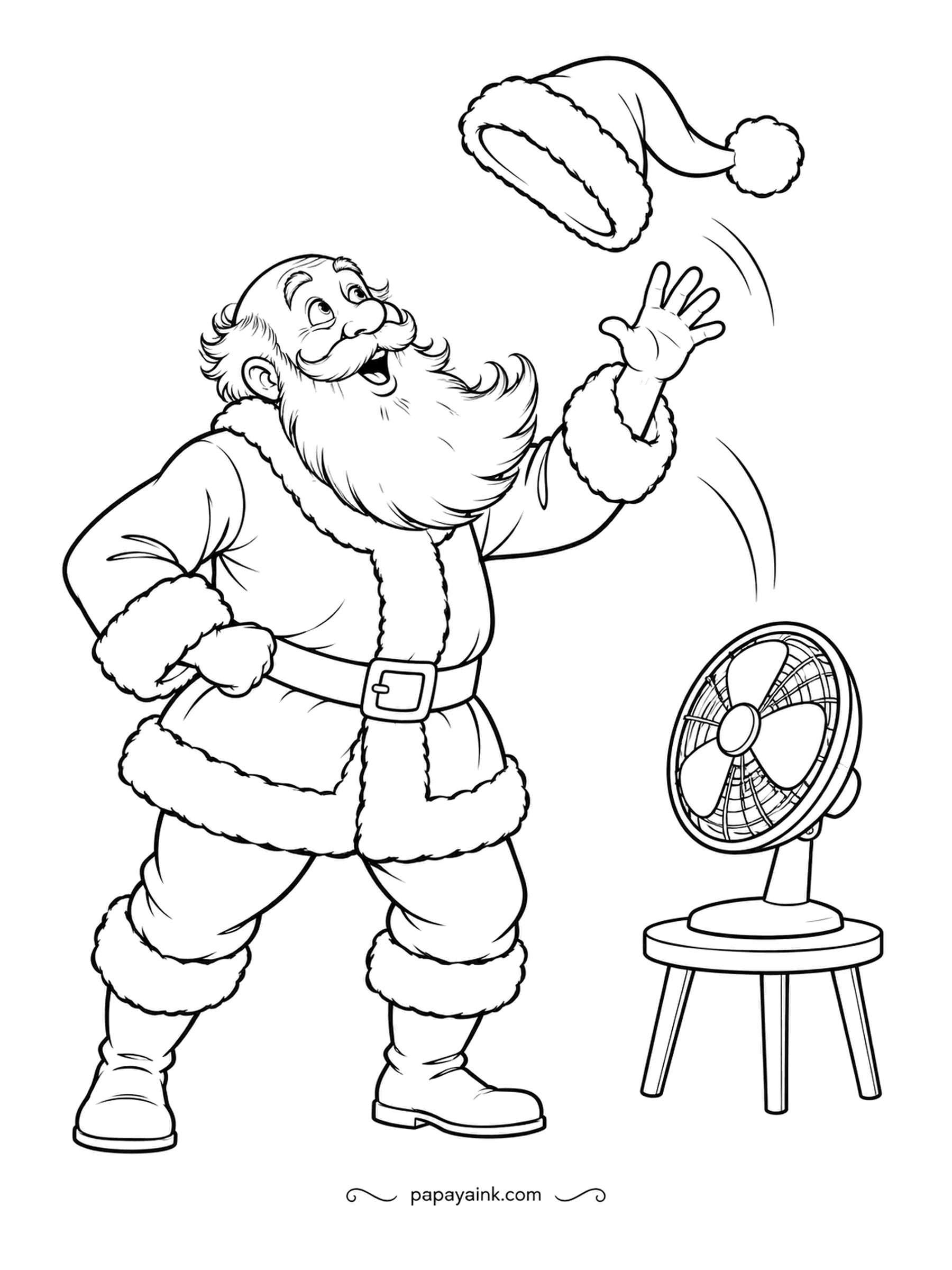 Santa Coloring Pages - Someone switched the little fan on high, and the red hat has made a run for it. Santa lunges with one hand out, beard blowing sideways. Simple shapes and lots of white - a quick, cheerful page.