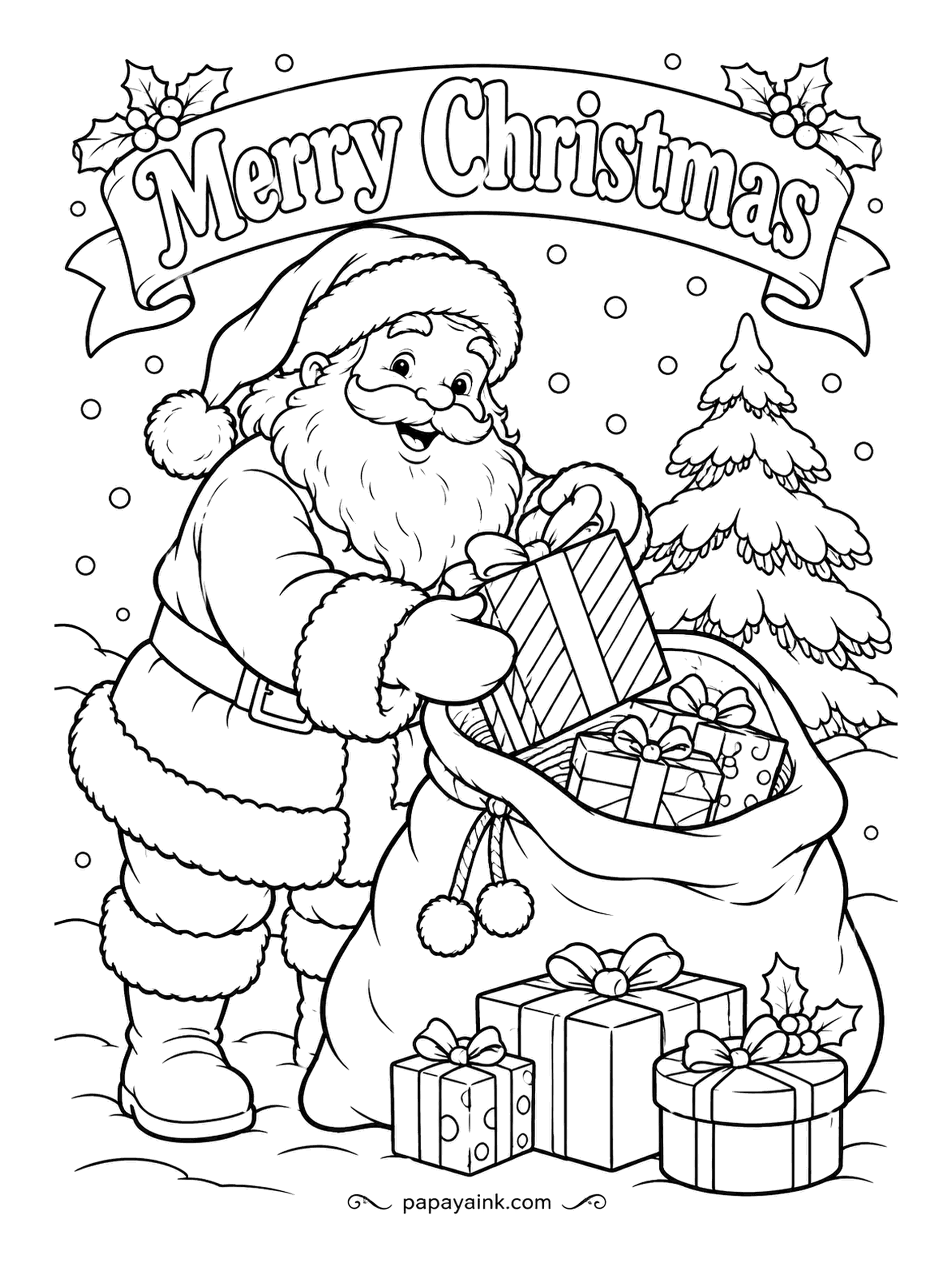 Merry Christmas Coloring Pages - Last check before the sleigh: one striped parcel goes in, and the sack is already full to the drawstring. Big open shapes on the coat and bag make this an easy page, and the fur trim can stay bare paper.