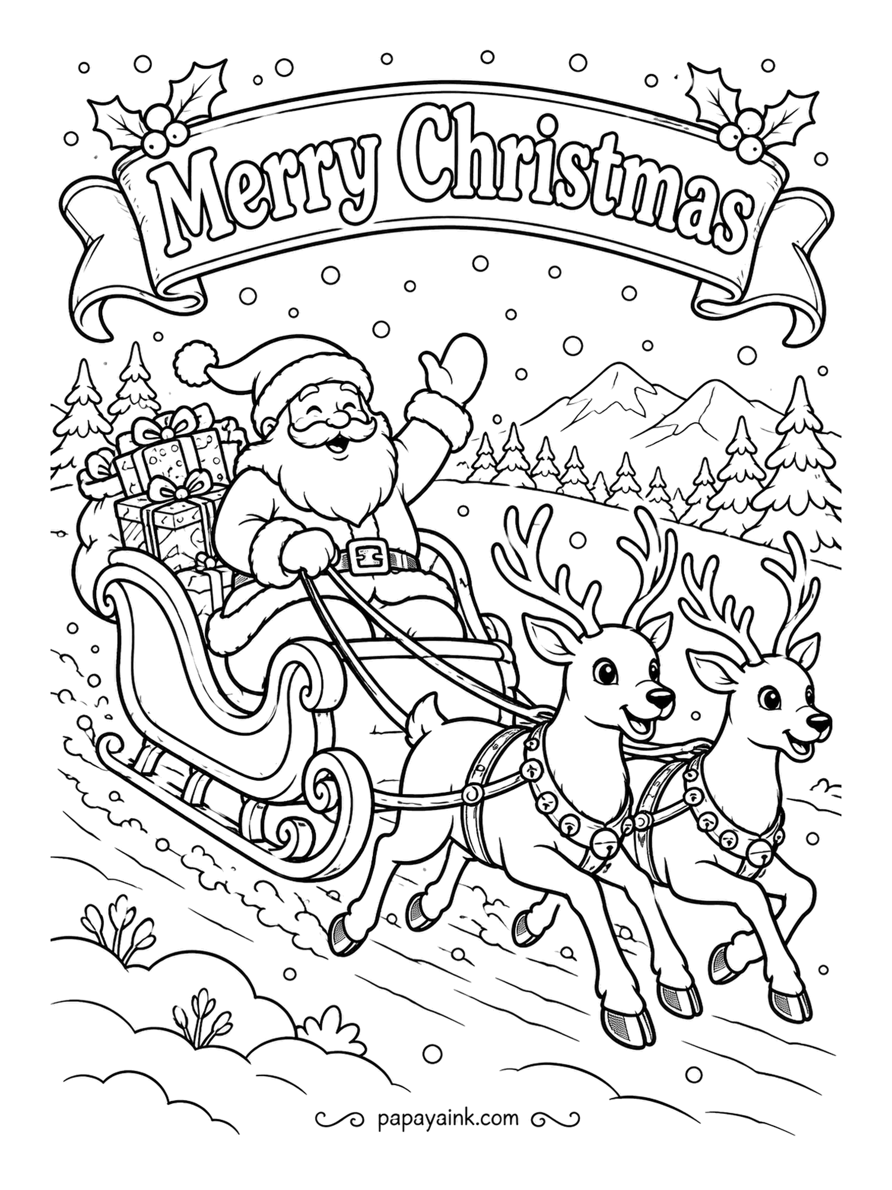 Merry Christmas Coloring Pages - Two reindeer, one sleigh, and a driver who waves at everything he passes. The runners kick up snow on a downhill stretch with mountains behind. Harness bells look best in warm gold against a cool sky.