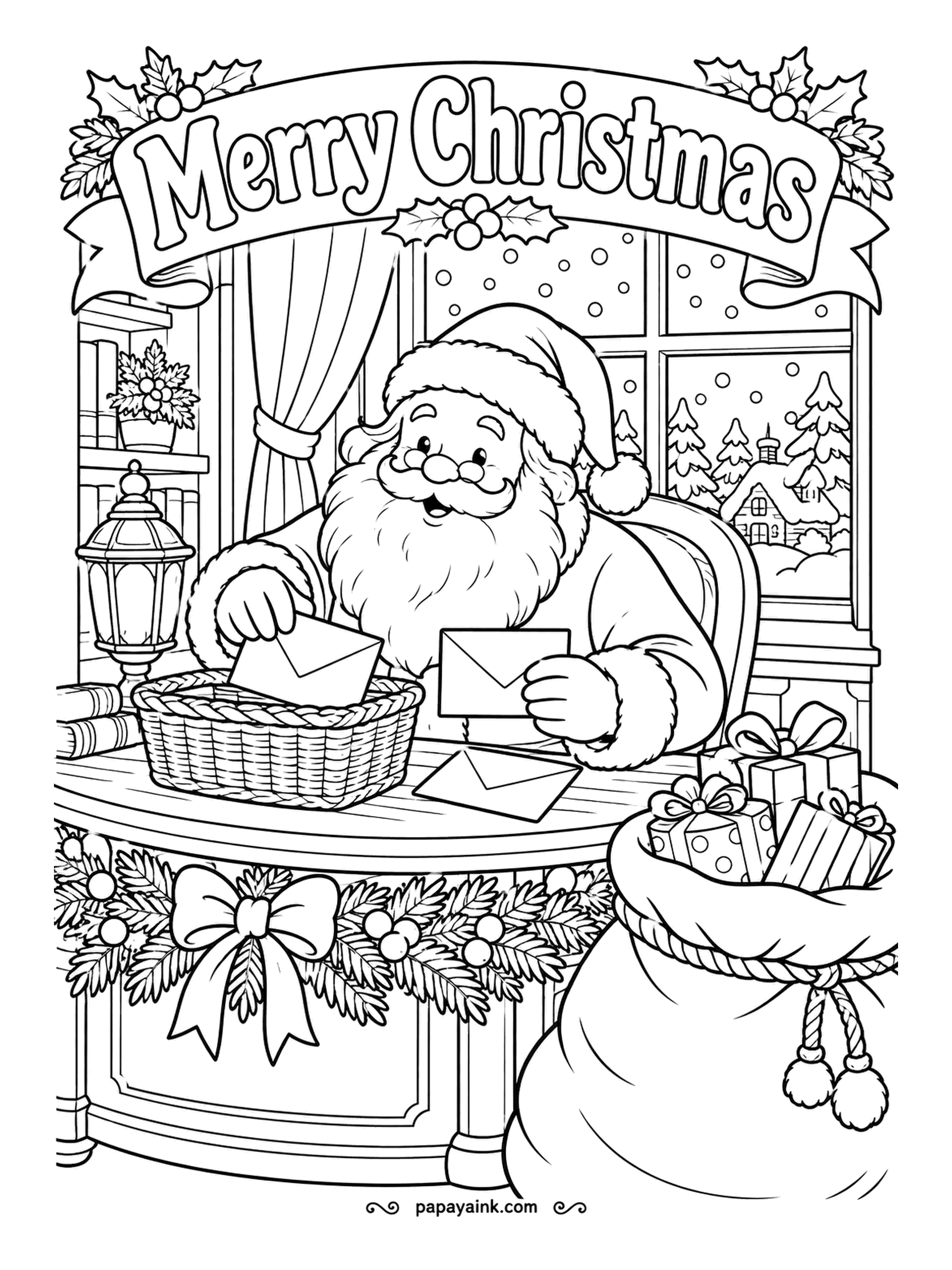 Merry Christmas Coloring Pages - Mail day at the North Pole. Santa works through a basket of envelopes at his desk while snow falls outside and the sack waits by his chair. Detailed - a lantern on the desk is your excuse for a golden glow.
