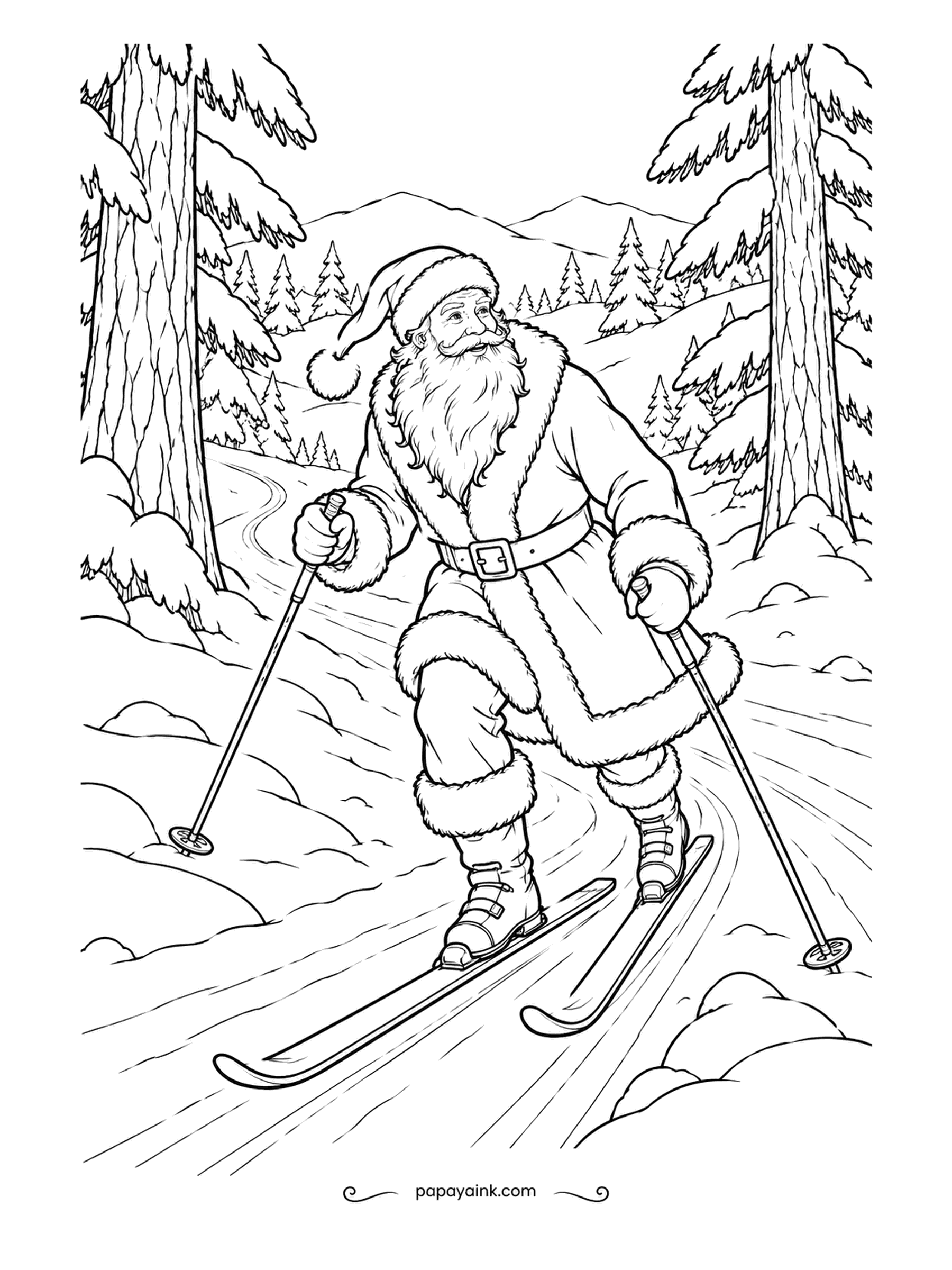 Santa Coloring Pages - Poles planted, skis in the tracks, he glides through a pine forest on his day off. His coattails flap behind him like a flag. Detailed - heavy branches and distant hills reward a sharp pencil.