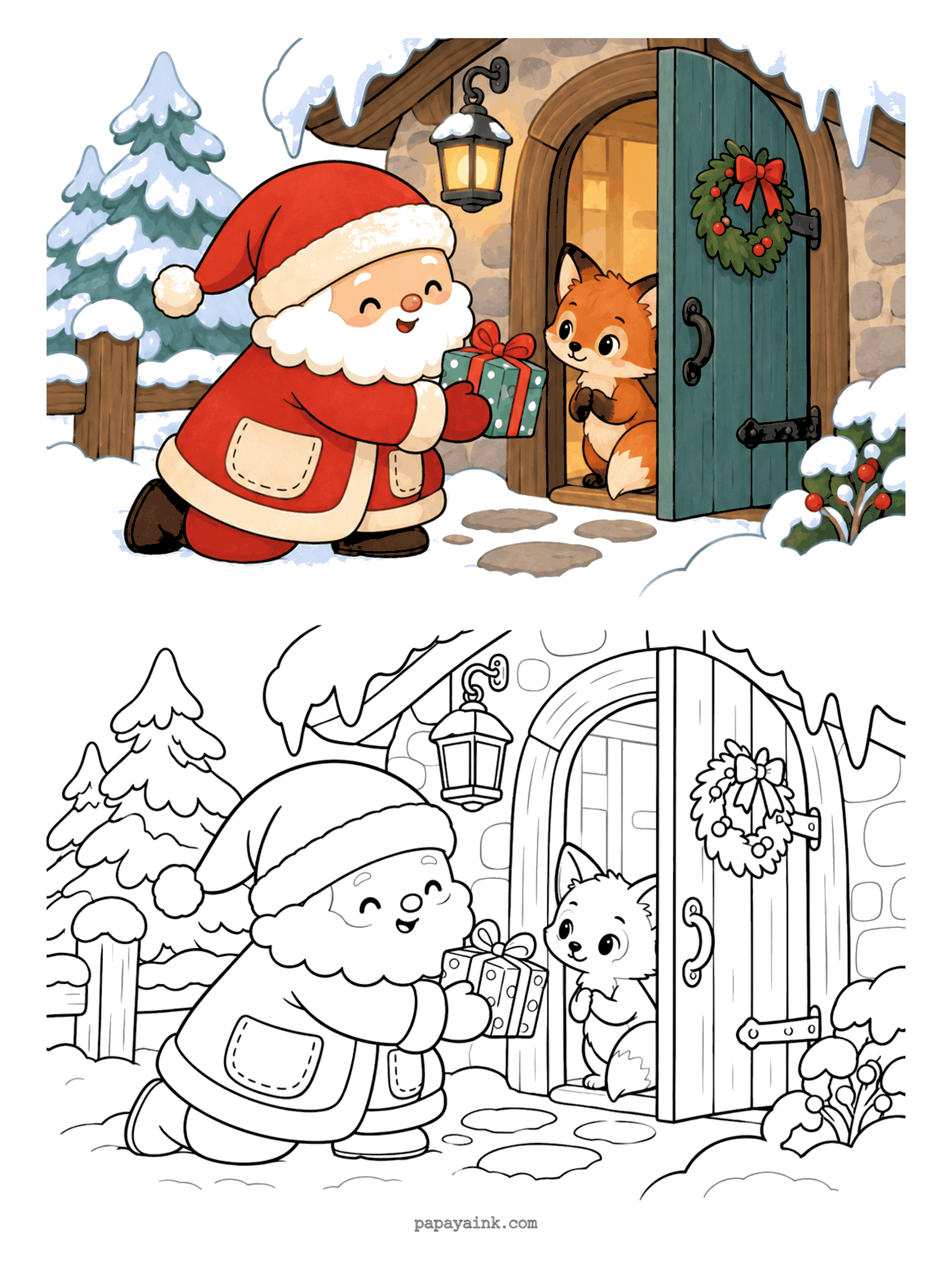 Santa Coloring Pages - Santa kneeling at a wreath-covered cottage door to give a gift to a shy little fox