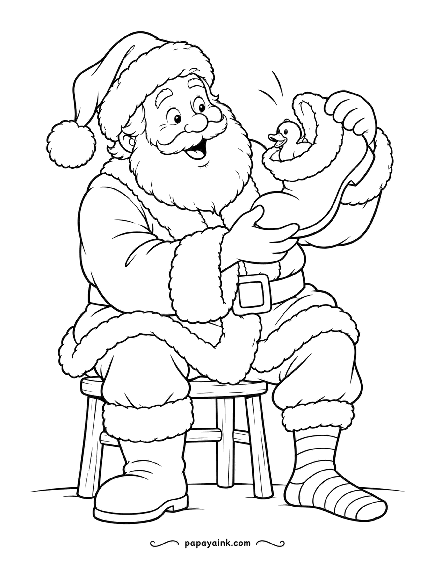 Santa Coloring Pages - Pulling on his boot this morning, Santa found a rubber duck already living in it. One foot is still in a striped sock. Bold outlines and lots of white - quick and funny to color.