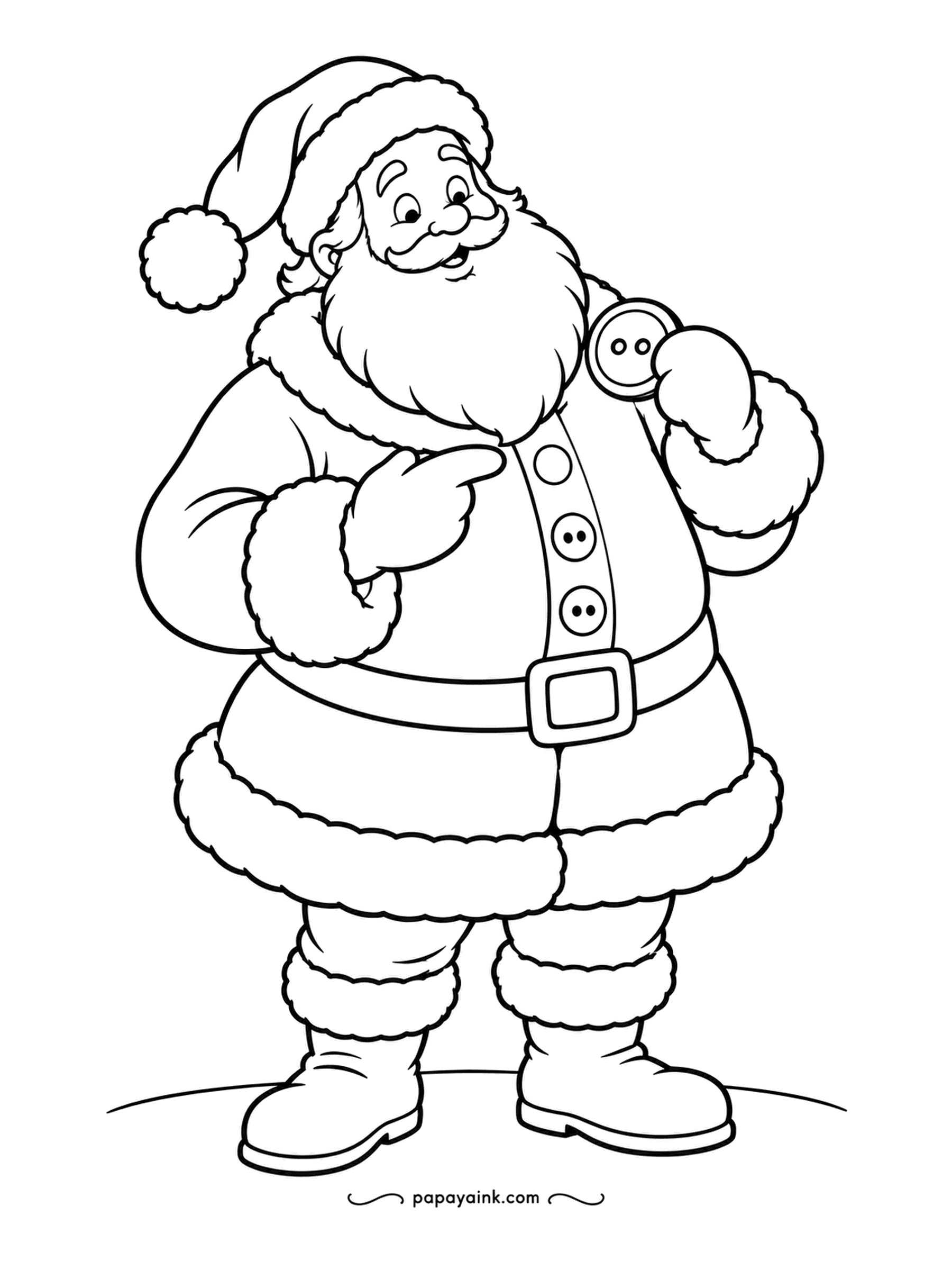 Santa Coloring Pages - One coat button went missing, and the replacement turned out to be enormous. Santa holds it up and points at the gap, not sure whether to laugh. Bold outlines - ideal for markers.