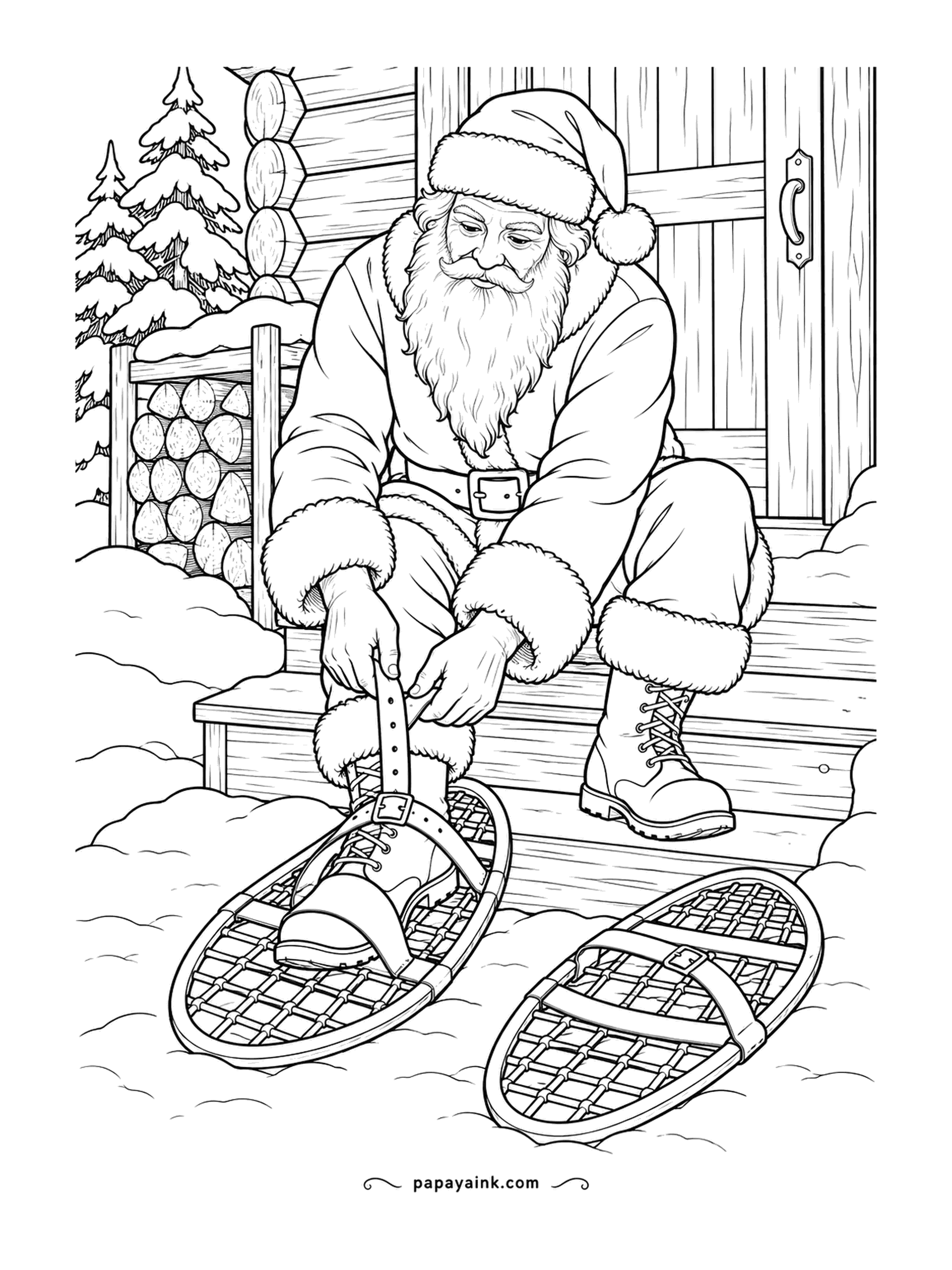 Santa Coloring Pages - One boot is strapped in, the other is still waiting, and he is concentrating on the buckle like it is a puzzle. Firewood is stacked by the cabin door. The woven snowshoe frames take warm browns well.