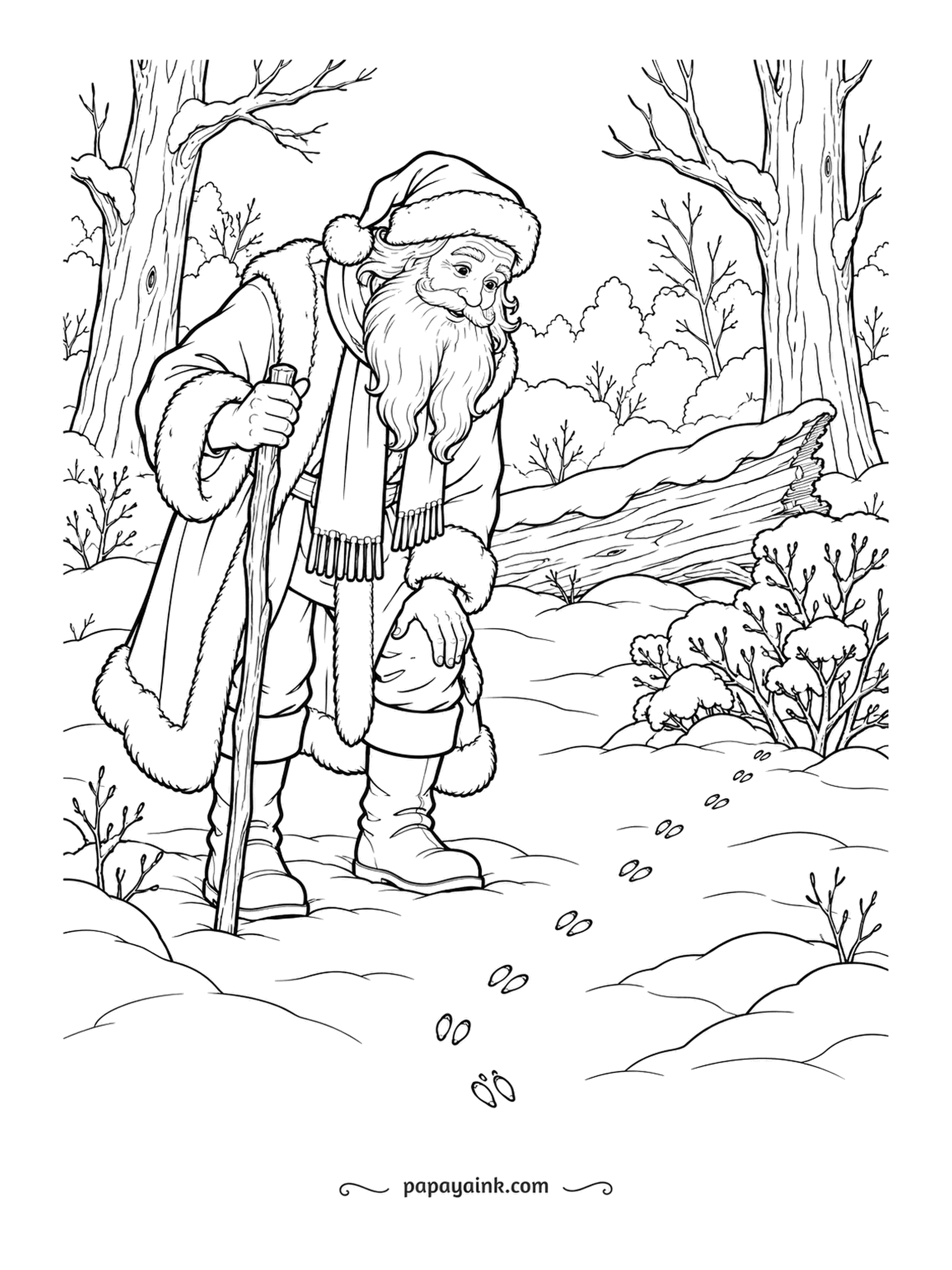 Santa Coloring Pages - Small prints wander off between the trees, and the old man leans on his walking stick to see where they go. Probably a rabbit, possibly a fox. Bare branches and soft drifts all around.