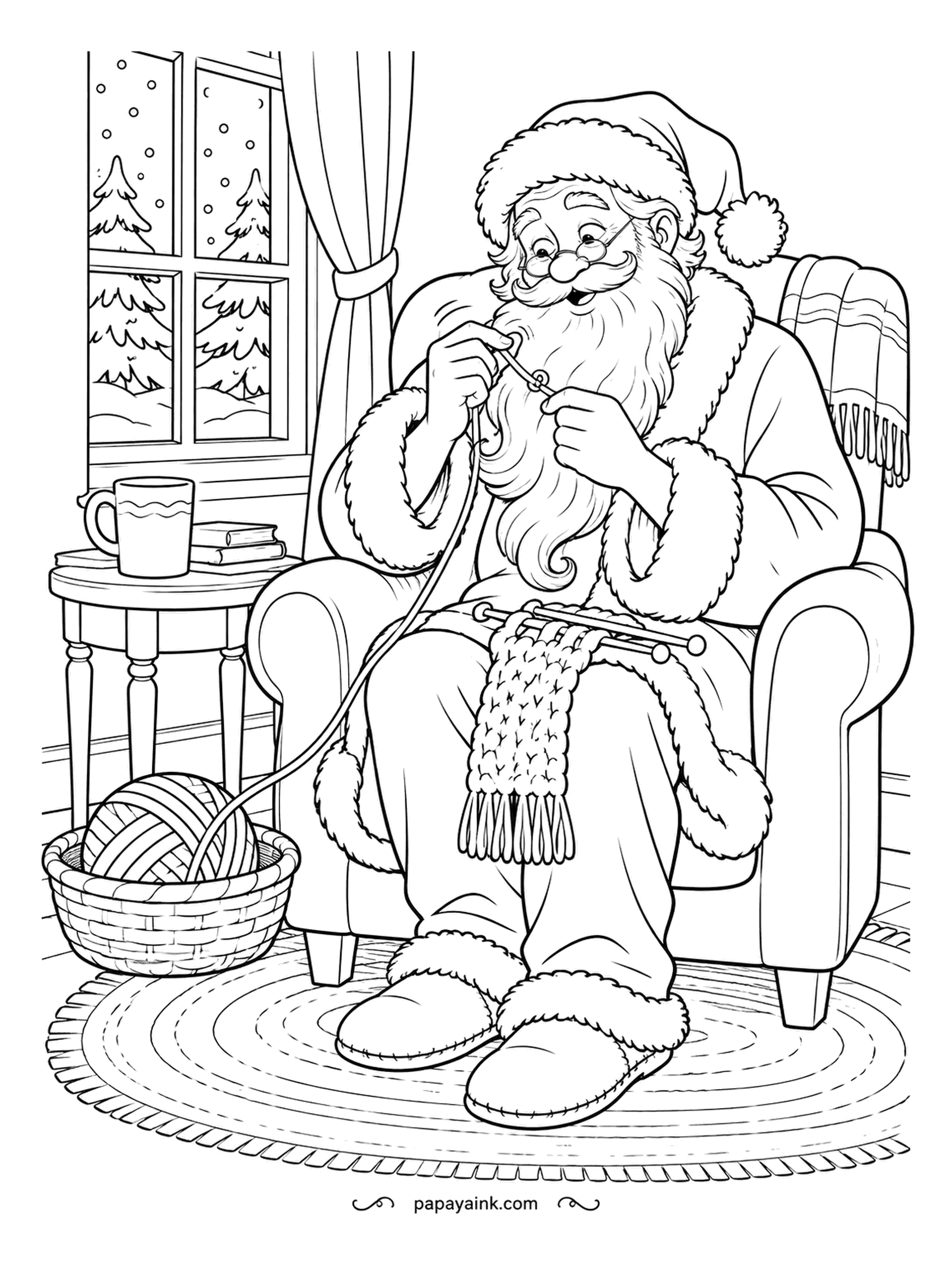 Santa Coloring Pages - Halfway through a new scarf, he discovered the yarn had found its way into his beard. Now he is untangling one strand at a time from the armchair. A ball of wool, a mug on the side table and a snowy view complete the scene.