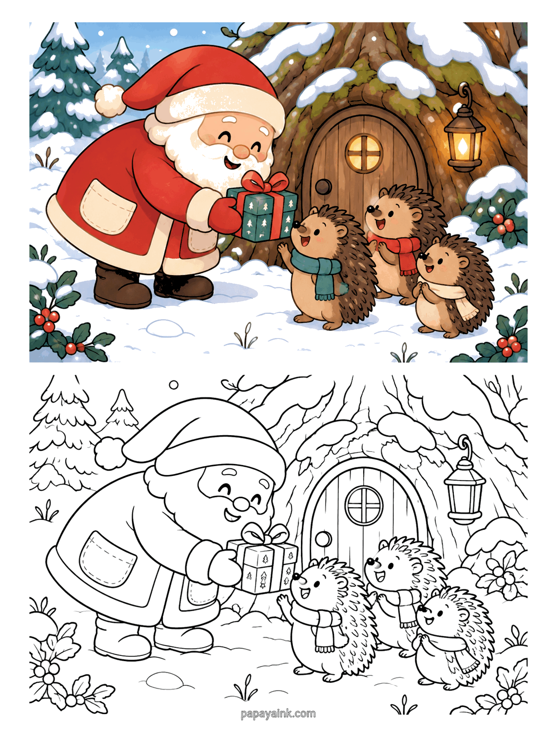 Santa Coloring Pages - Santa handing a present to a family of hedgehogs in scarves outside their tree stump home