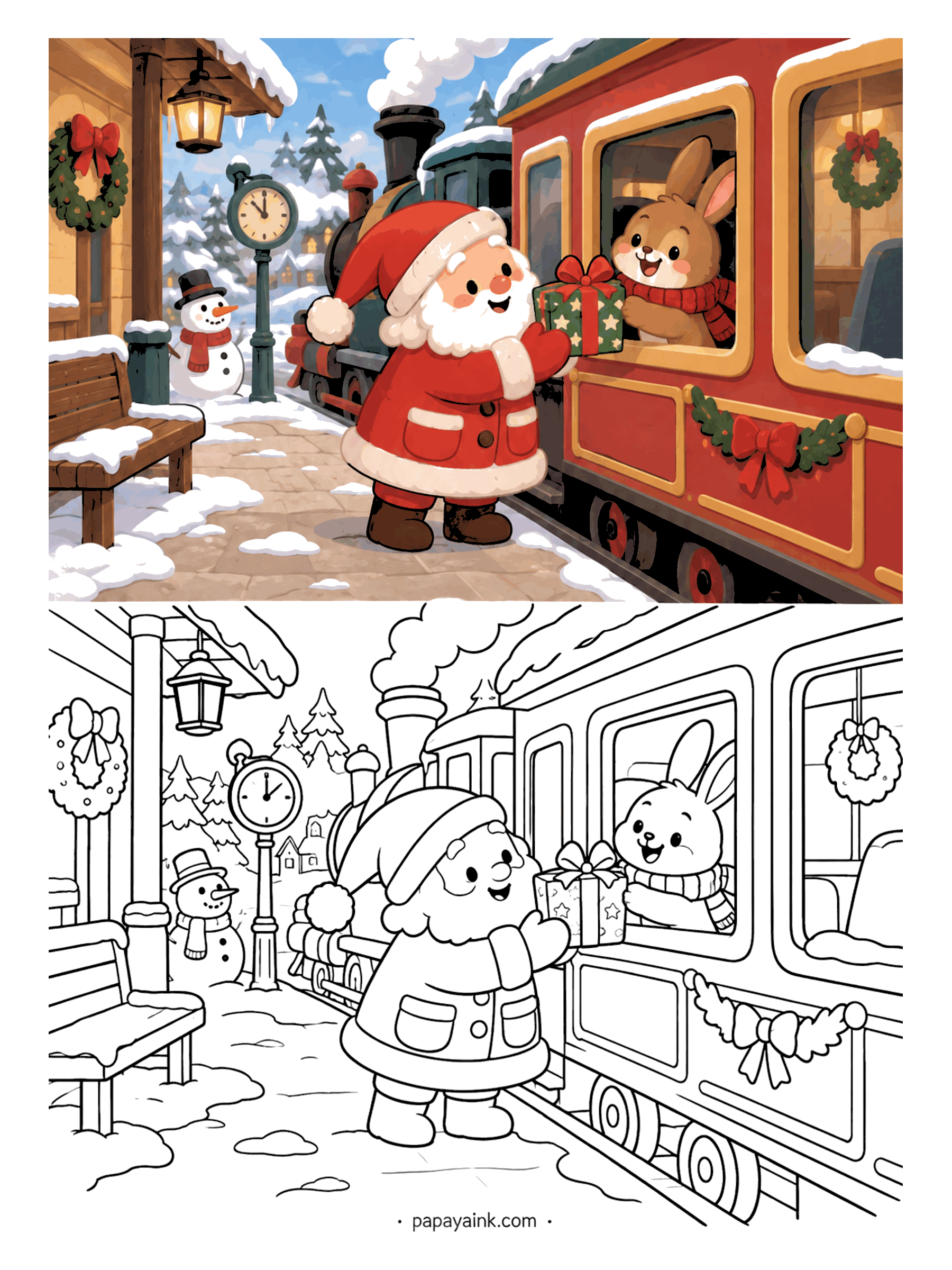 Santa Coloring Pages - Santa at a festive train station passing a present to a bunny in the carriage window (Detailed)