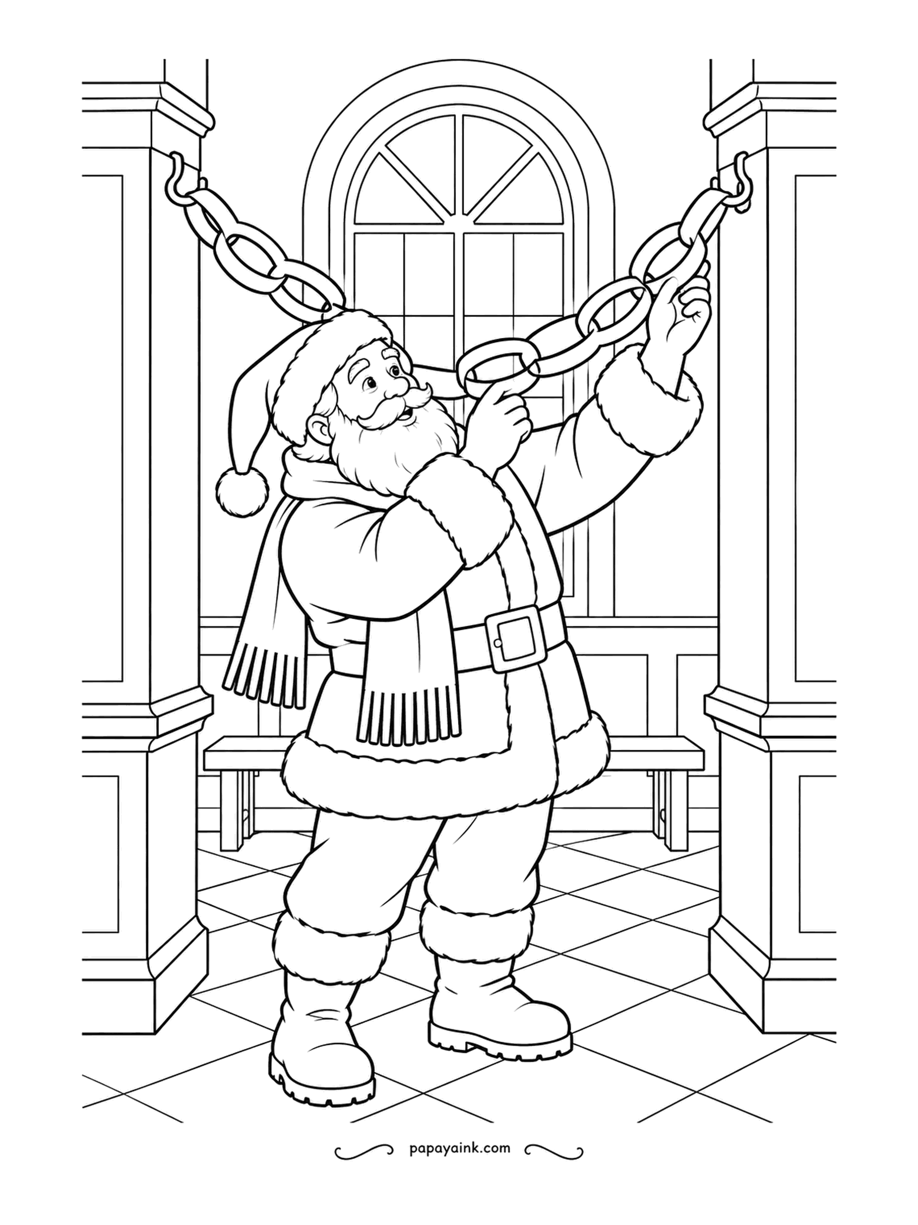 Santa Coloring Pages - The paper chain stretches the full width of the hall, and Santa hooks the final link in place. A tall arched window lets in the light. Color each link a different shade.