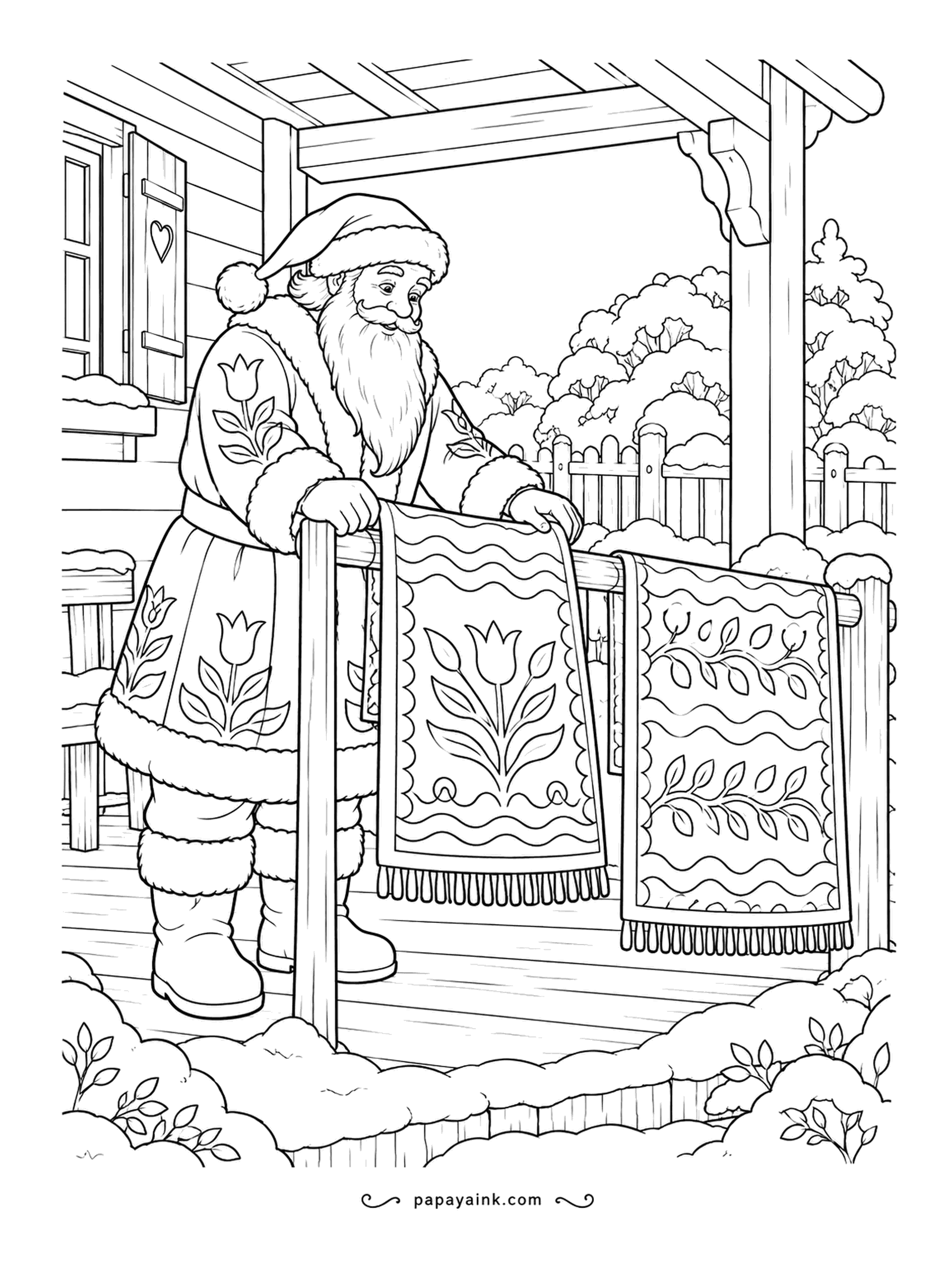 Santa Coloring Pages - Two woven rugs hang on the porch rail for a good airing in the cold. Their tulip and leaf patterns match his embroidered coat. Folk style throughout - flat bright fills look best.