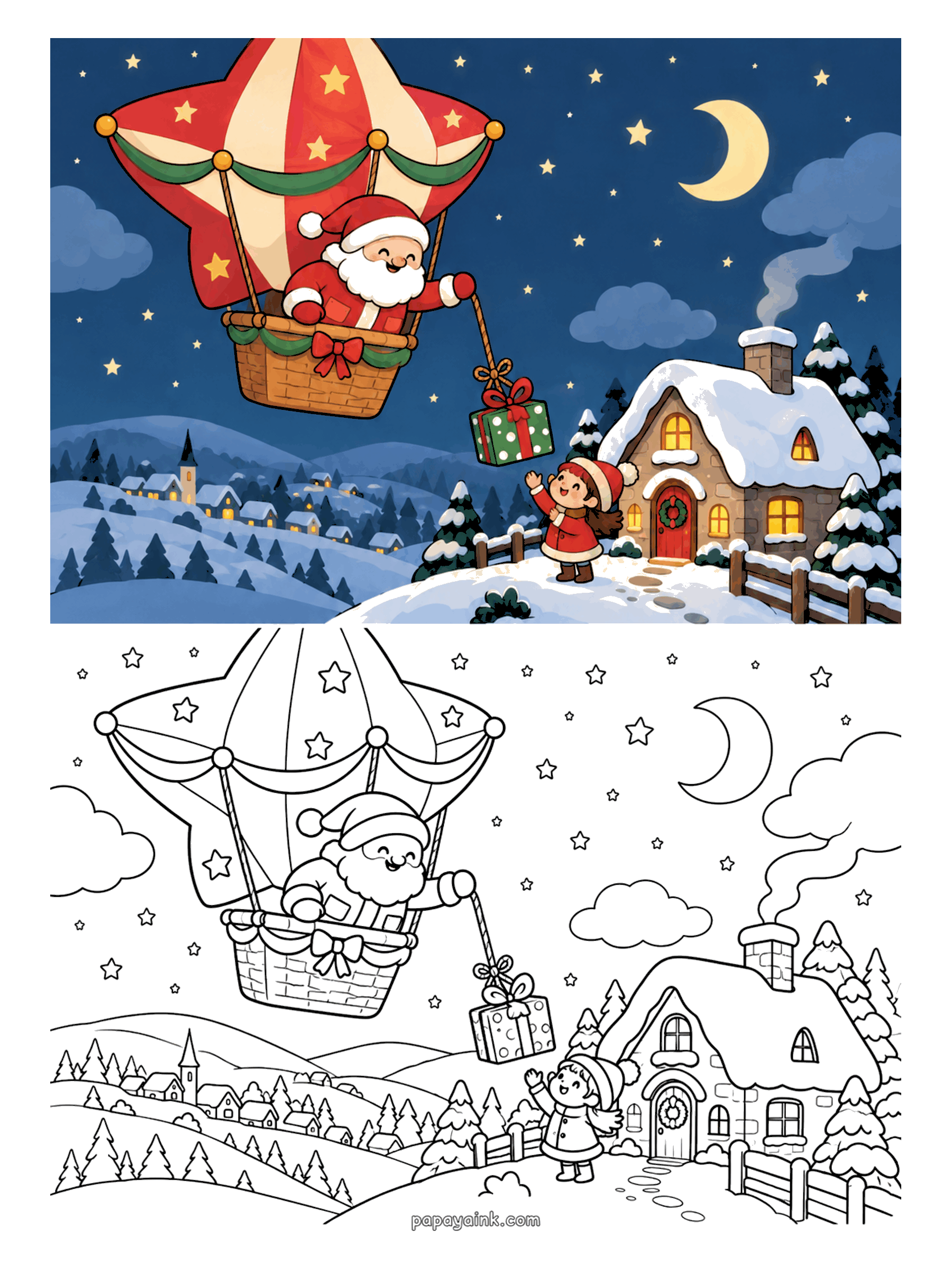 Santa Coloring Pages - Santa in a star-shaped hot air balloon lowering a gift to a child on a starry Christmas night