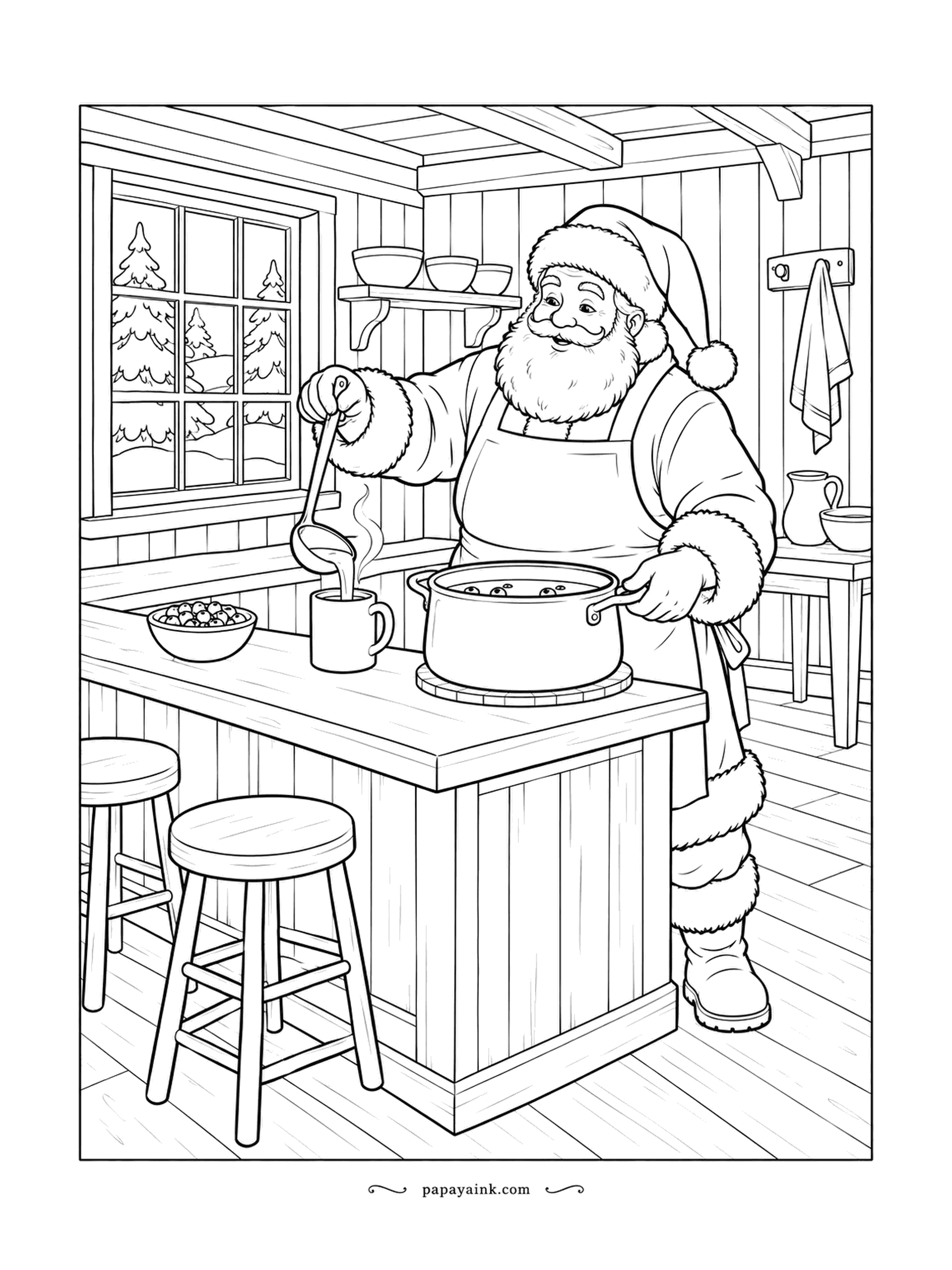 Santa Coloring Pages - The canteen is open, the pot is steaming, and he ladles warm berry punch into the first mug of the day. Stools wait at the counter for customers. Deep berry red for the punch, warm wood all around.