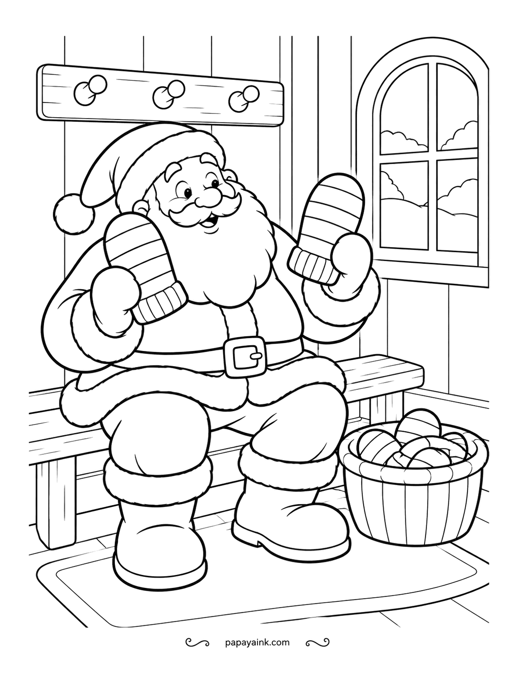 Santa Coloring Pages - Somehow there is always one odd mitten. He holds up a striped pair in triumph, with a whole basket still left to sort. Bold outlines - a good page for markers.