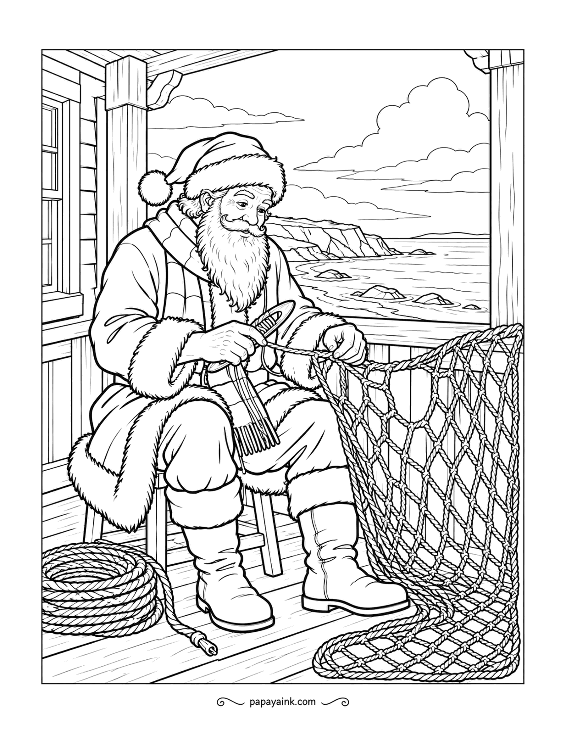 Santa Coloring Pages - On a porch overlooking the sea, the old man sits on a stool and patches a torn fishing net knot by knot. A coil of rope lies at his feet. Detailed - the net mesh, cliffs and a cloudy sky.