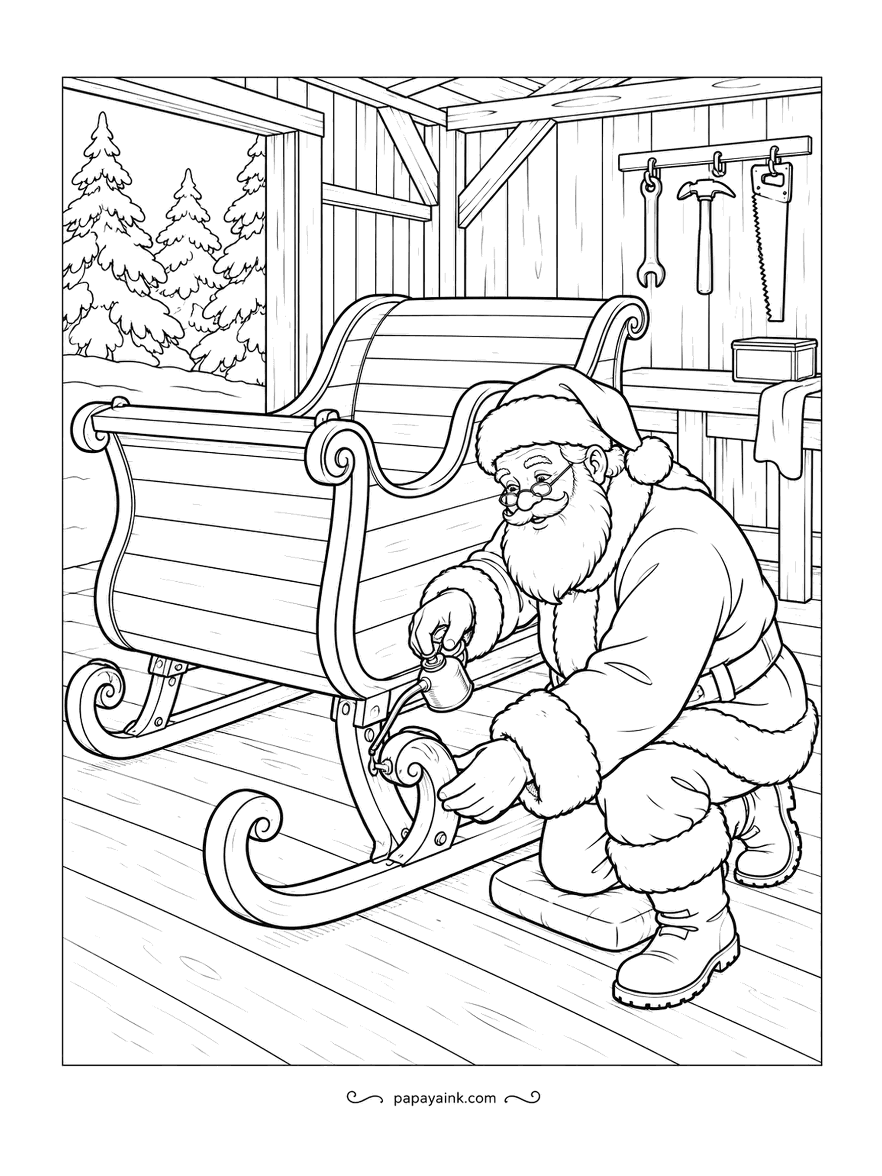 Santa Coloring Pages - The sleigh needs to glide on the big night, so Santa crouches in the shed with an oil can and works along each curl of the runners. Tools hang on the wall. Polished wood tones for the sleigh body.