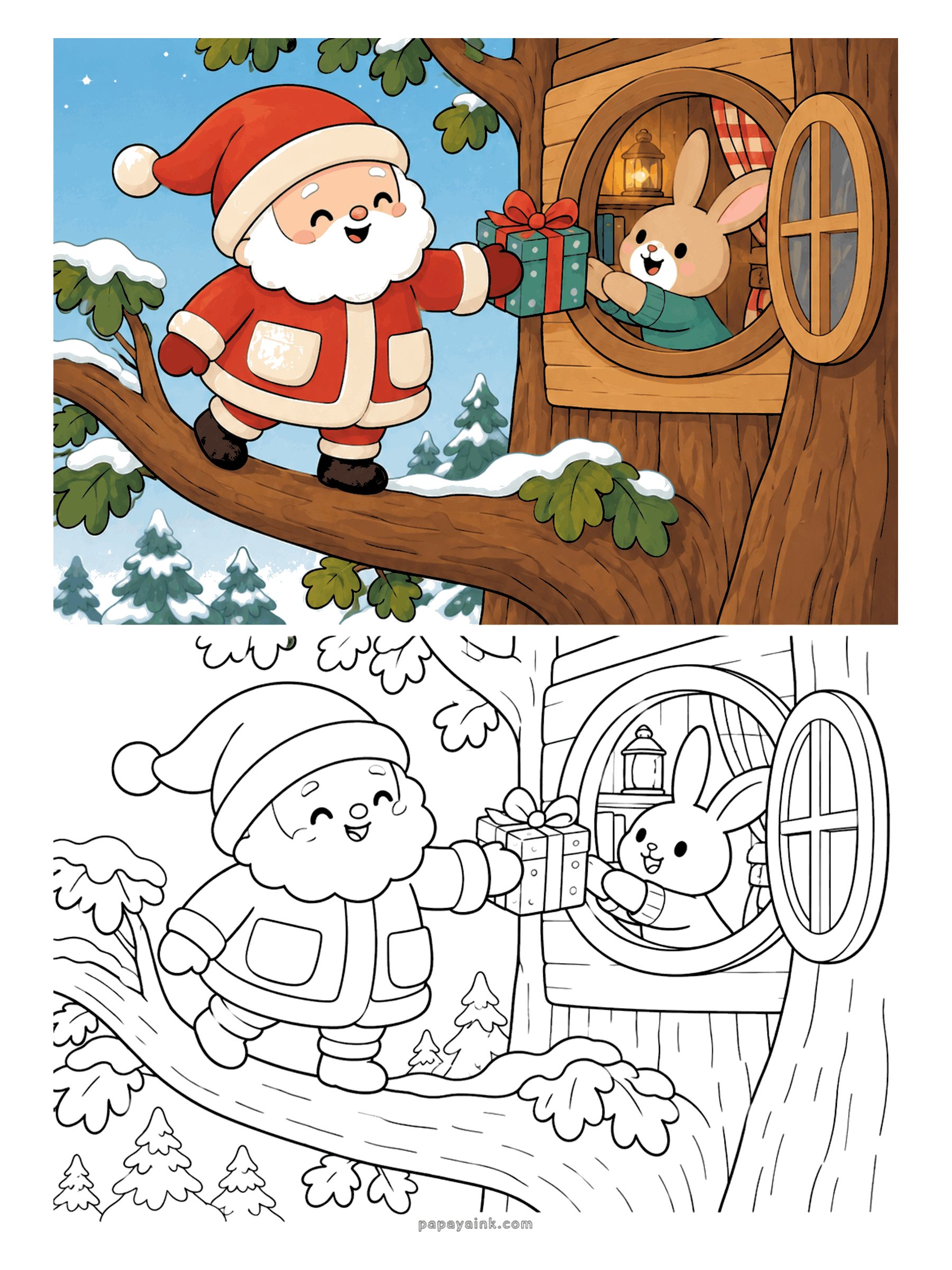 Santa Coloring Pages - Santa balancing on a tree branch to pass a present through the round window of a bunny treehouse