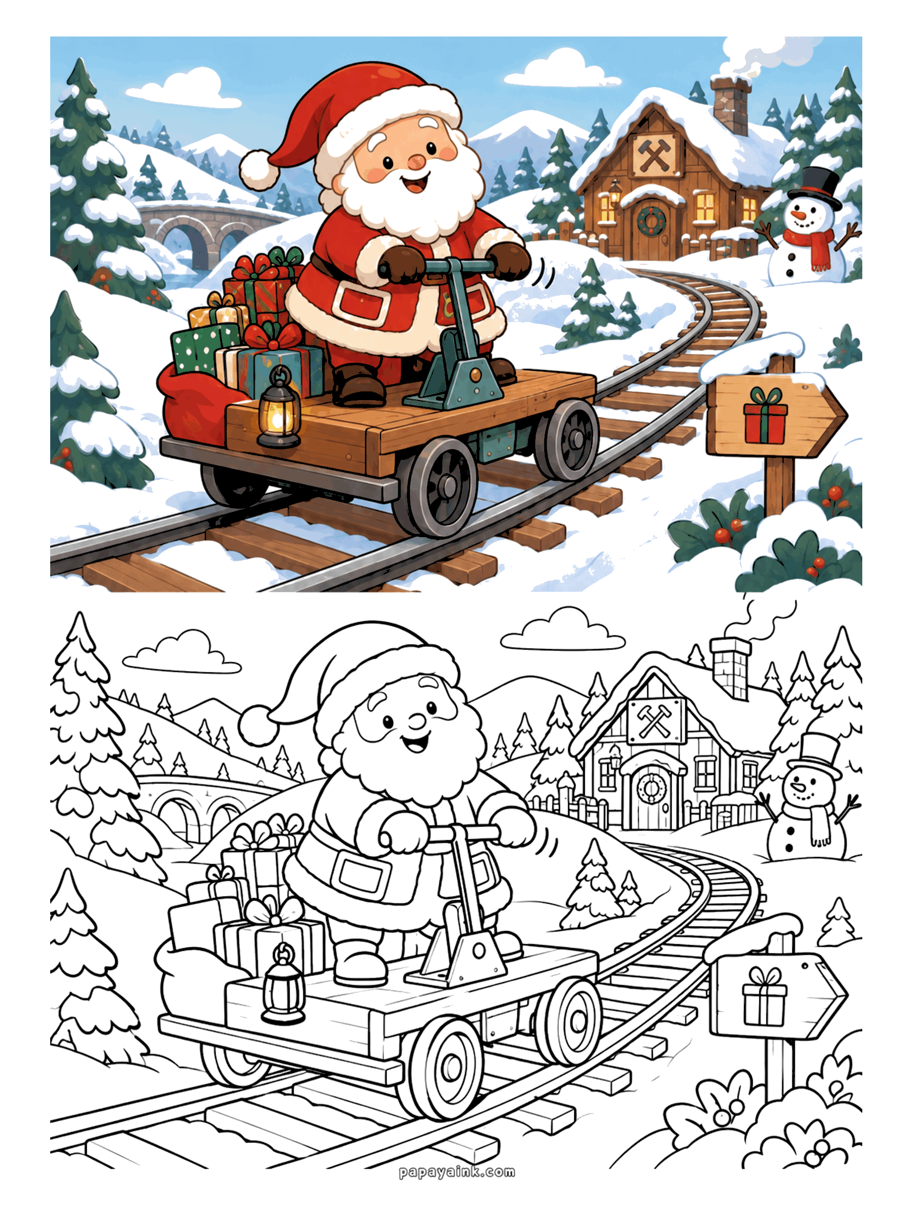 Santa Coloring Pages - Santa riding a railway handcar full of presents past a snowman and a cozy workshop (Detailed)