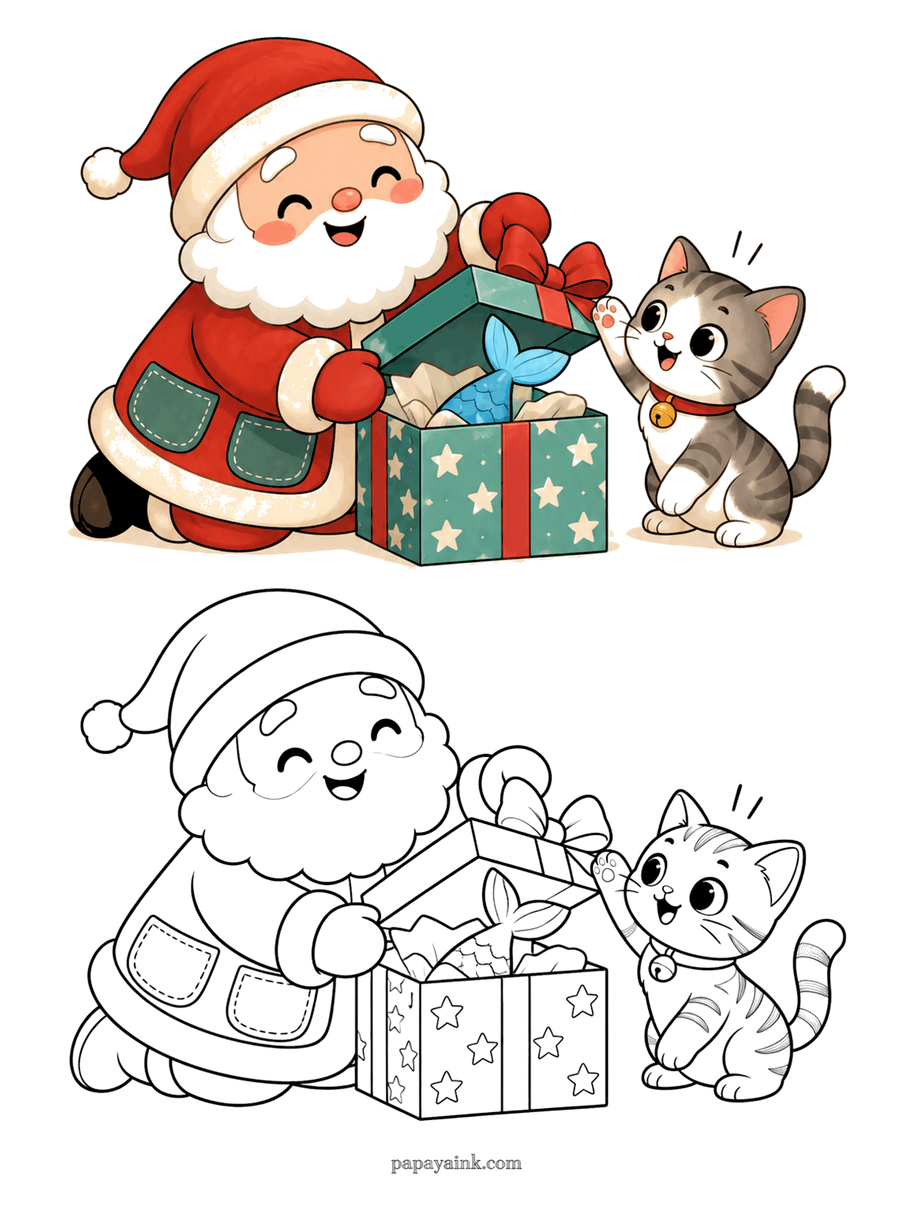 Santa Coloring Pages - Santa opening a starry gift box with a fish surprise for a playful tabby kitten