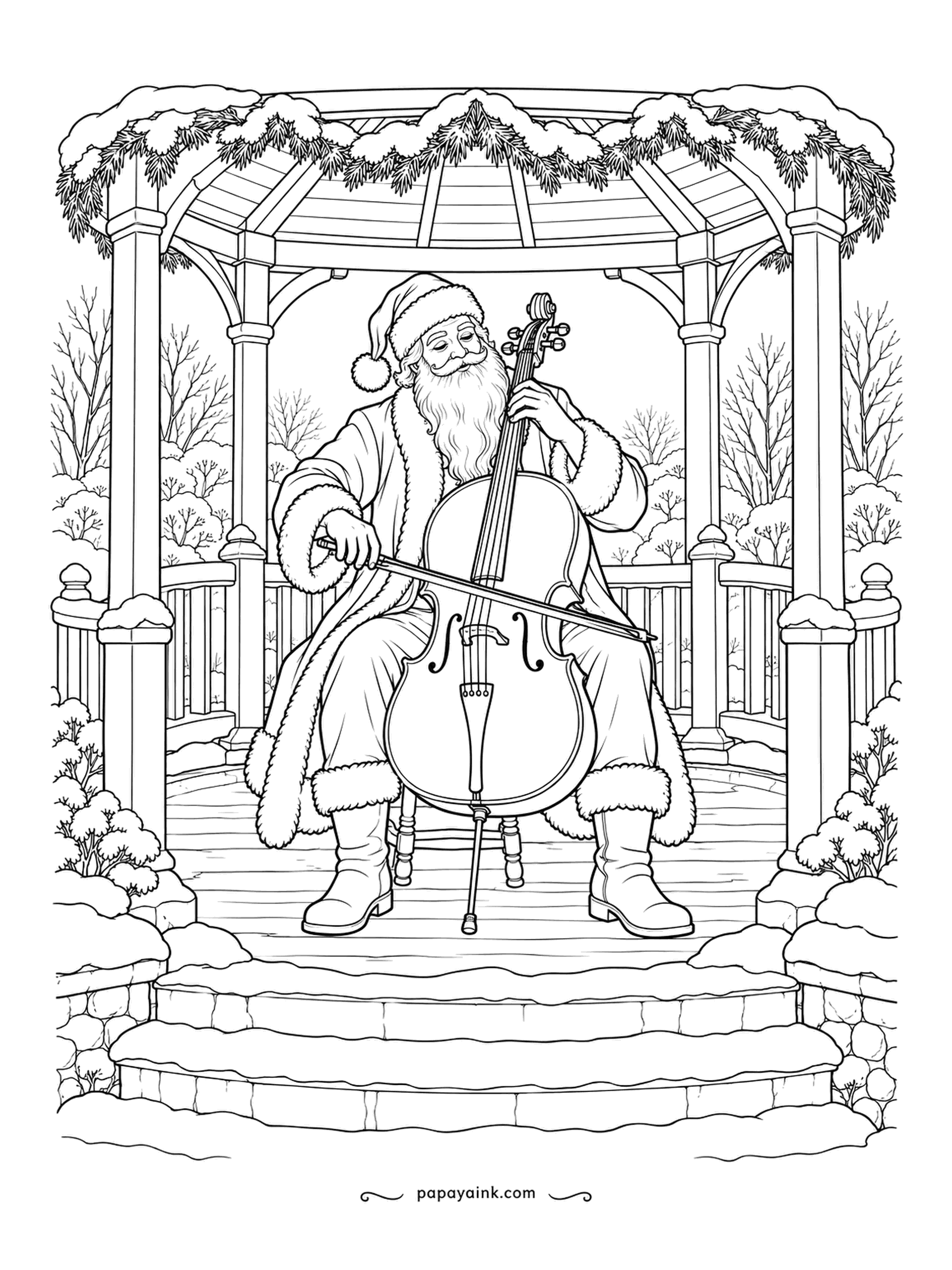 Santa Coloring Pages - Garland on the roof, snow on the steps, and a quiet concert in the gazebo with nobody in the audience but the trees. Eyes closed, bow moving slowly. Warm wood tones for the cello.