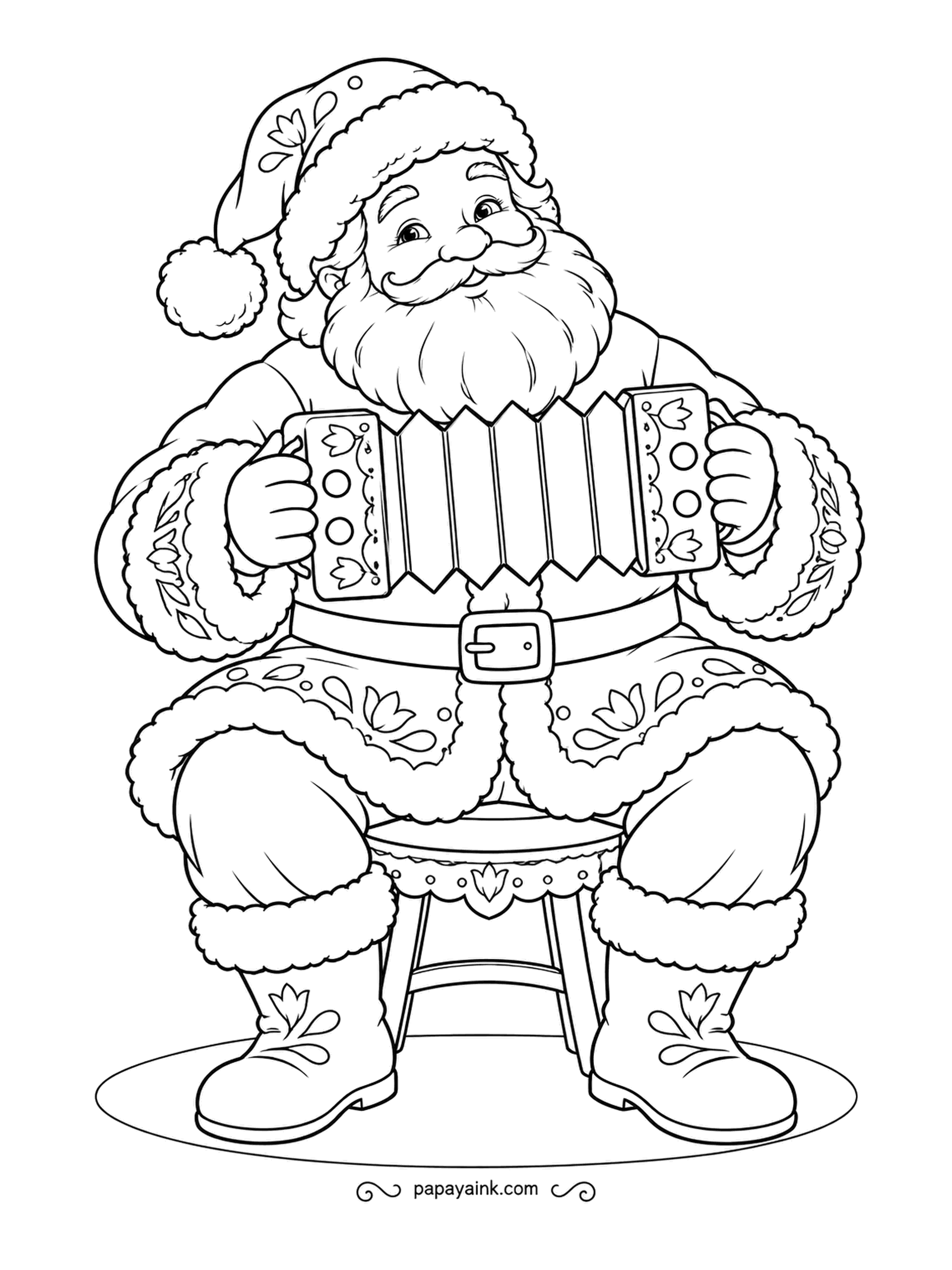 Santa Coloring Pages - Squeeze, pull, squeeze - the little concertina wheezes out a carol. His boots and coat are trimmed with folk embroidery. Simple, symmetrical and fun to color.