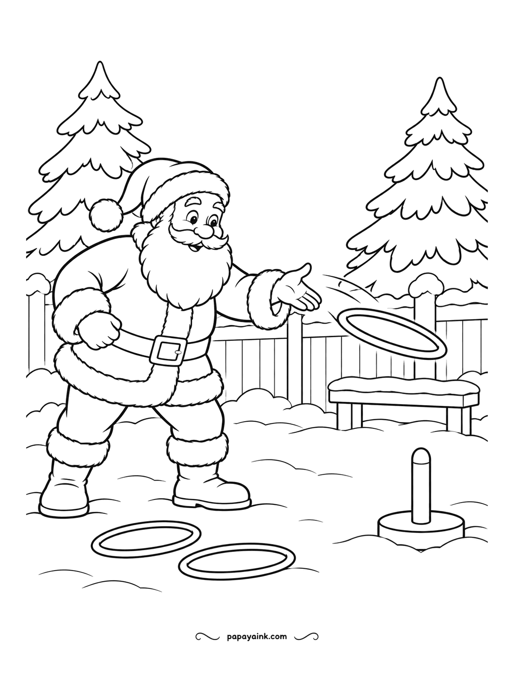 Santa Coloring Pages - Three rings, one peg, and Santa's aim is not as good as his gift-wrapping. Two hoops lie in the snow so far. Simple shapes and wide spaces - an easy page.