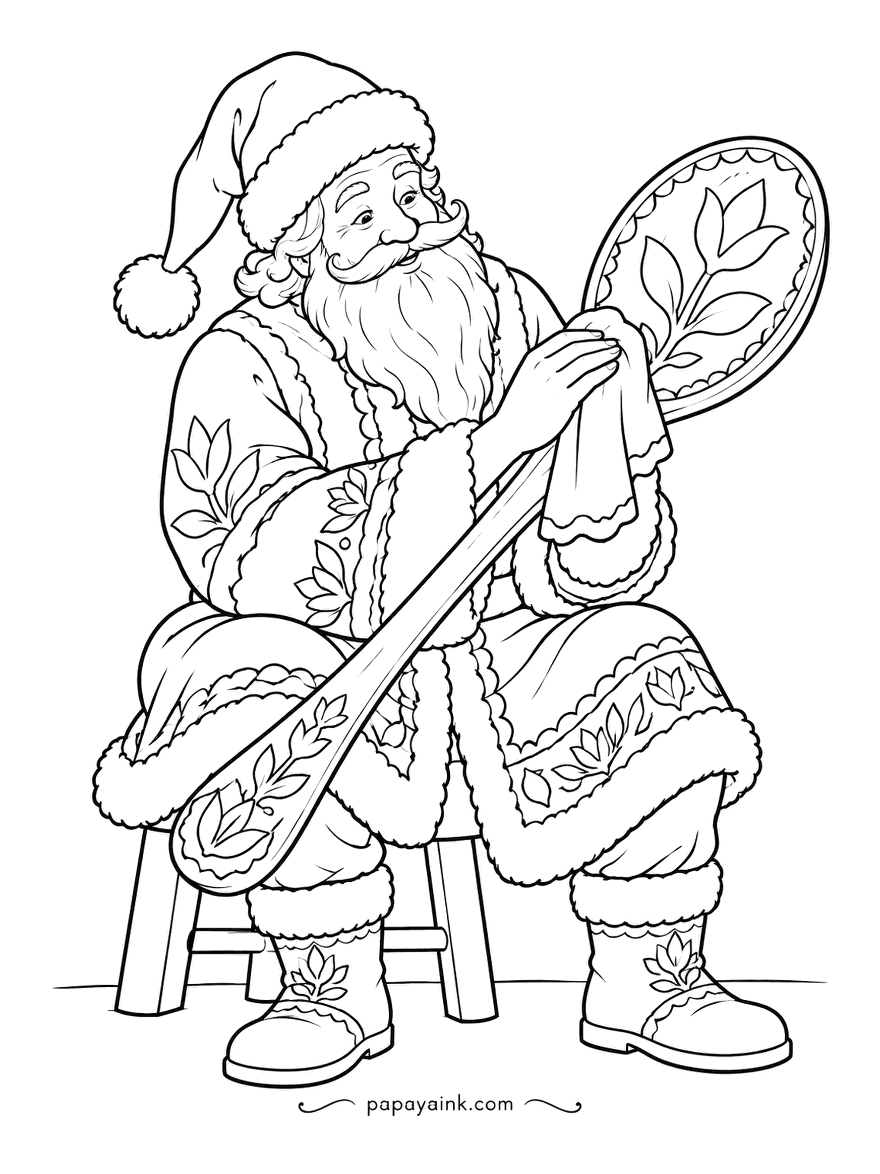 Santa Coloring Pages - A giant carved spoon, painted with leaves, gets a careful rub with a cloth. He wears an embroidered folk coat to match. Folk patterns on the coat, boots and spoon - flat bright fills look best.